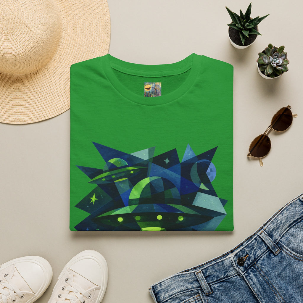 Blue & Green Cubism UFO Galaxy Geometry T‑Shirt — Neon Abstract Space Art
