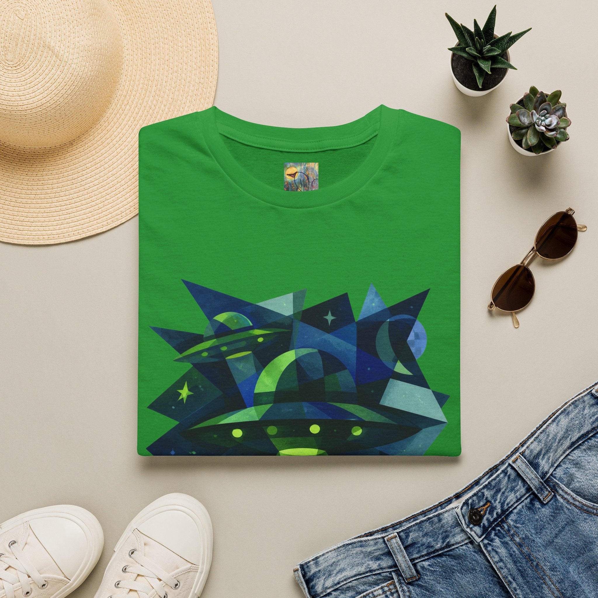 Blue & Green Cubism UFO Galaxy Geometry T‑Shirt — Neon Abstract Space Art