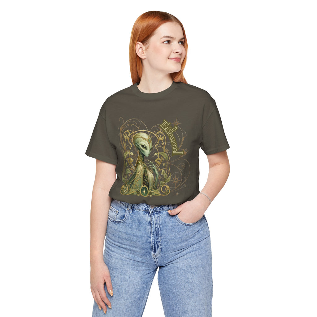 Alien Art Noveau Embrace T-Shirt — Mystical Green Alien Graphic Tee for Sci‑Fi Fans