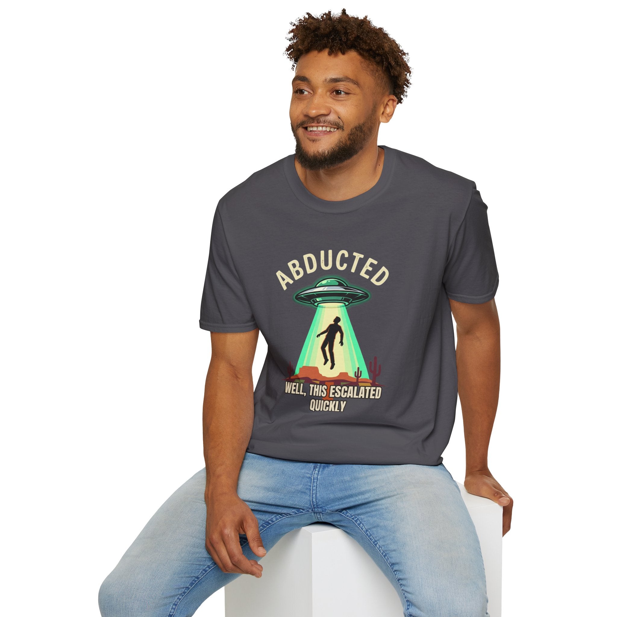 "Well That Escalated Quickly" Abducted UFO Tee — Retro Alien Abduction Graphic T-Shirt