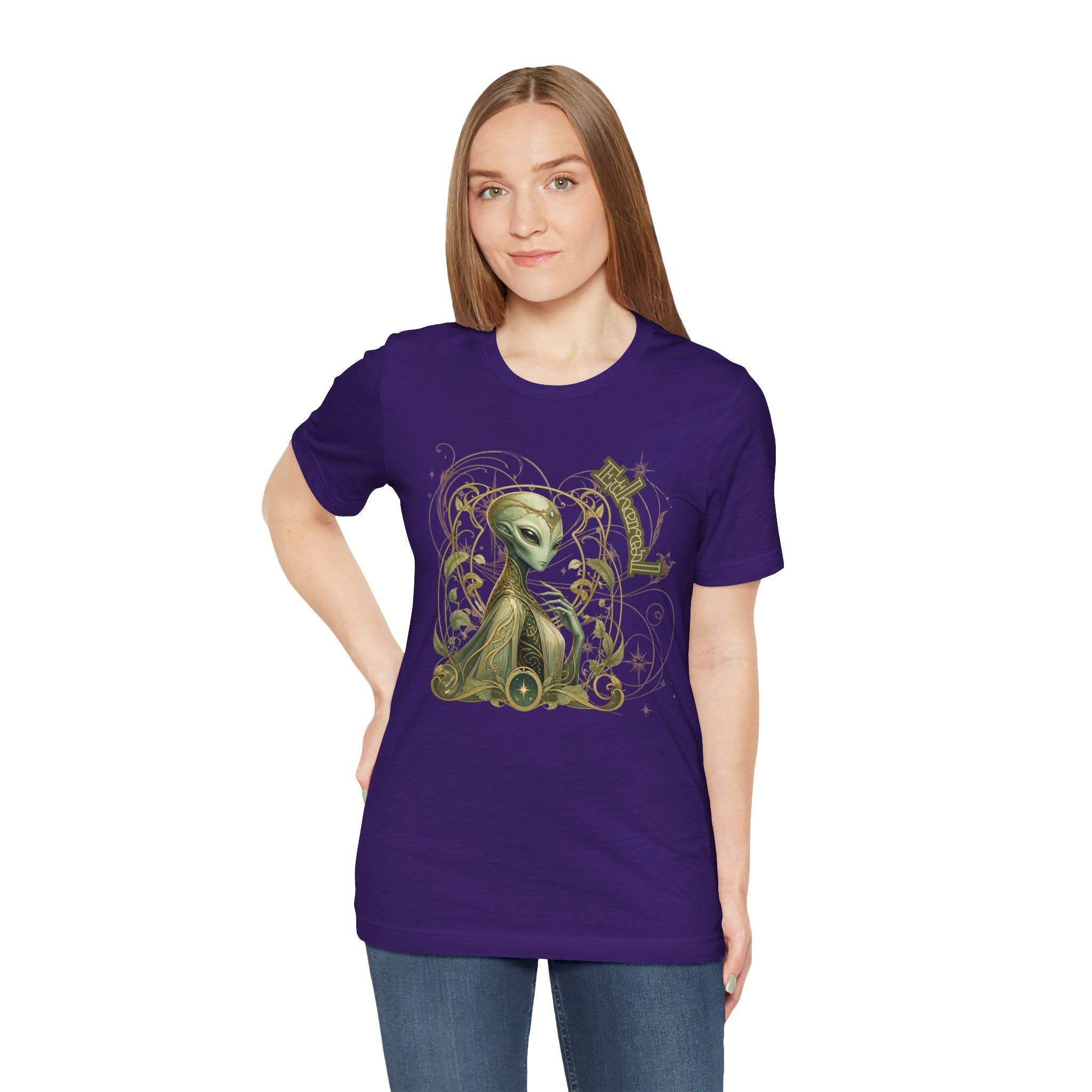 Alien Art Noveau Embrace T-Shirt — Mystical Green Alien Graphic Tee for Sci‑Fi Fans