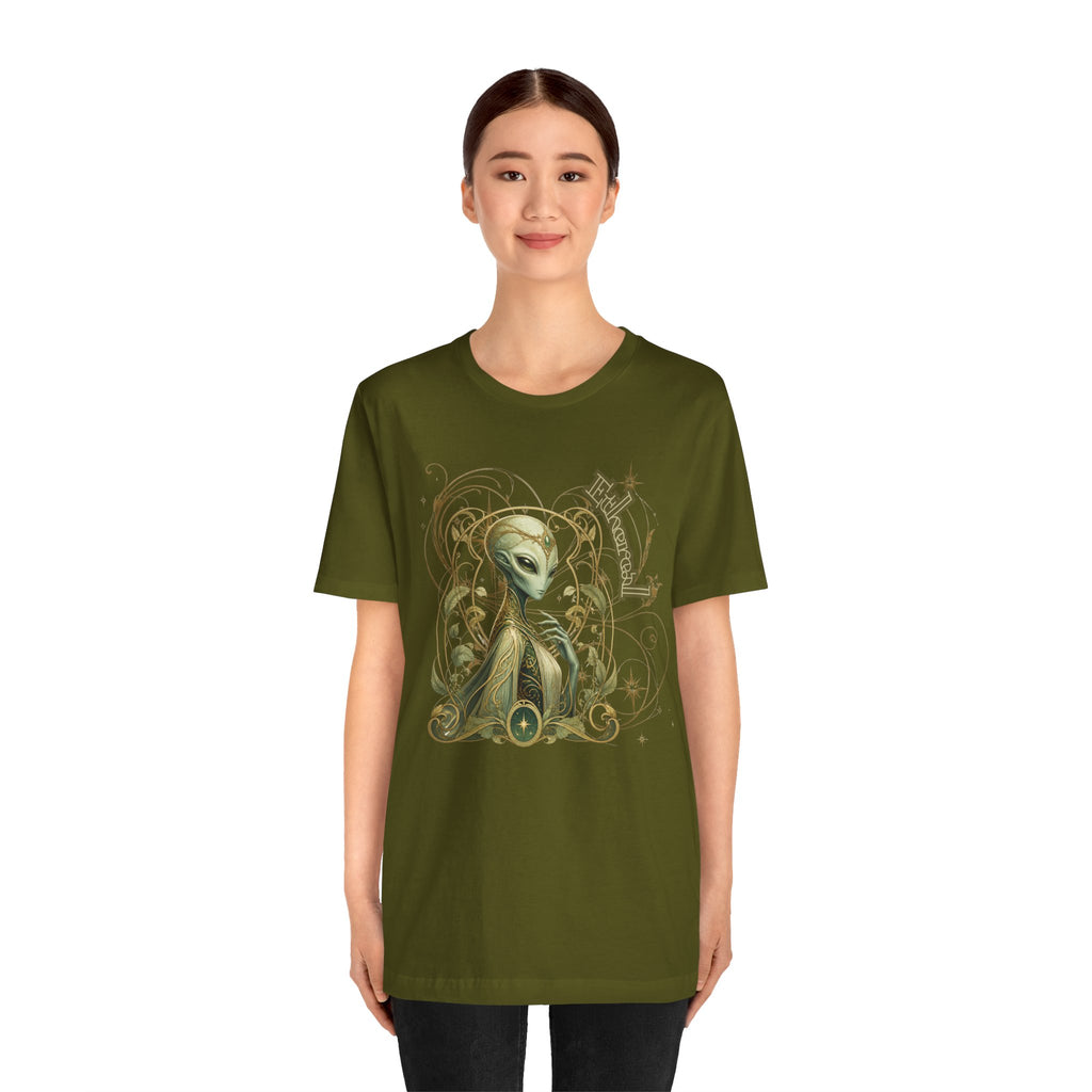 Alien Art Noveau Embrace T-Shirt — Mystical Green Alien Graphic Tee for Sci‑Fi Fans