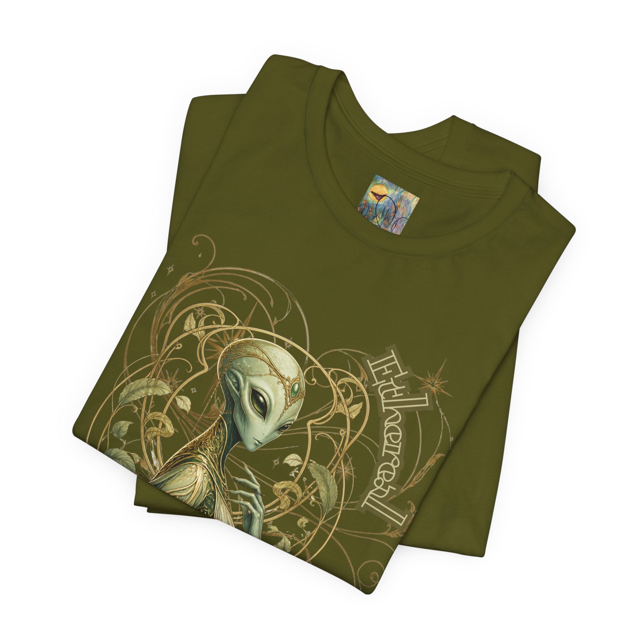 Alien Art Noveau Embrace T-Shirt — Mystical Green Alien Graphic Tee for Sci‑Fi Fans