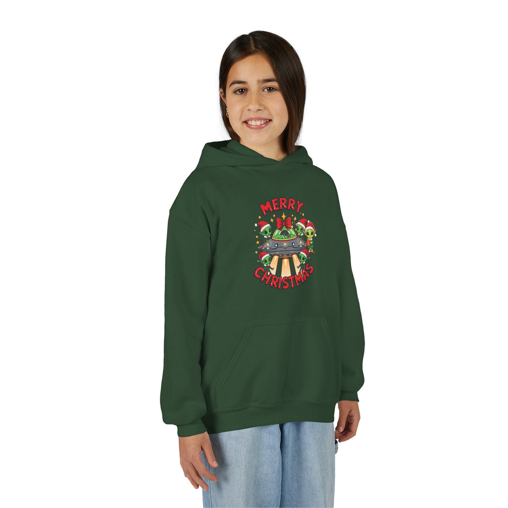 Santa's Alien Elves Youth Hoodie — Merry Christmas Cute Alien UFO Holiday Sweatshirt