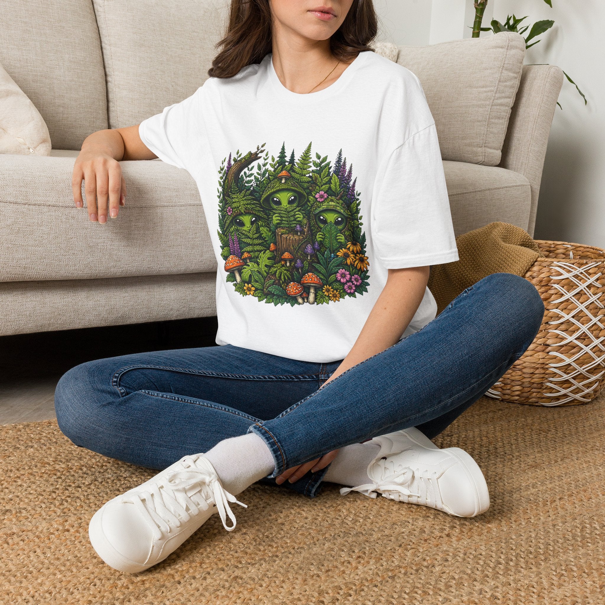 Alien Forest T-Shirt — Cute Green UFO Creatures with Mushrooms & Flowers