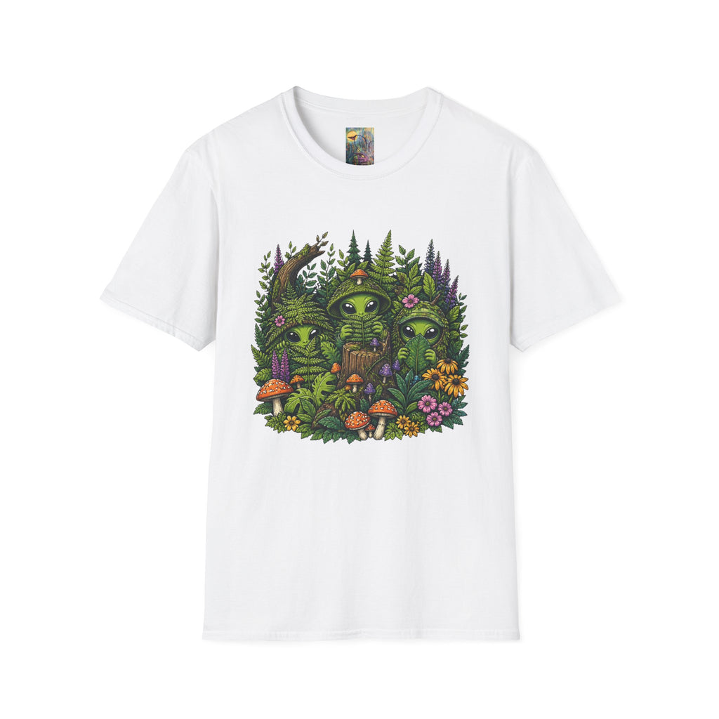 Alien Forest T-Shirt — Cute Green UFO Creatures with Mushrooms & Flowers