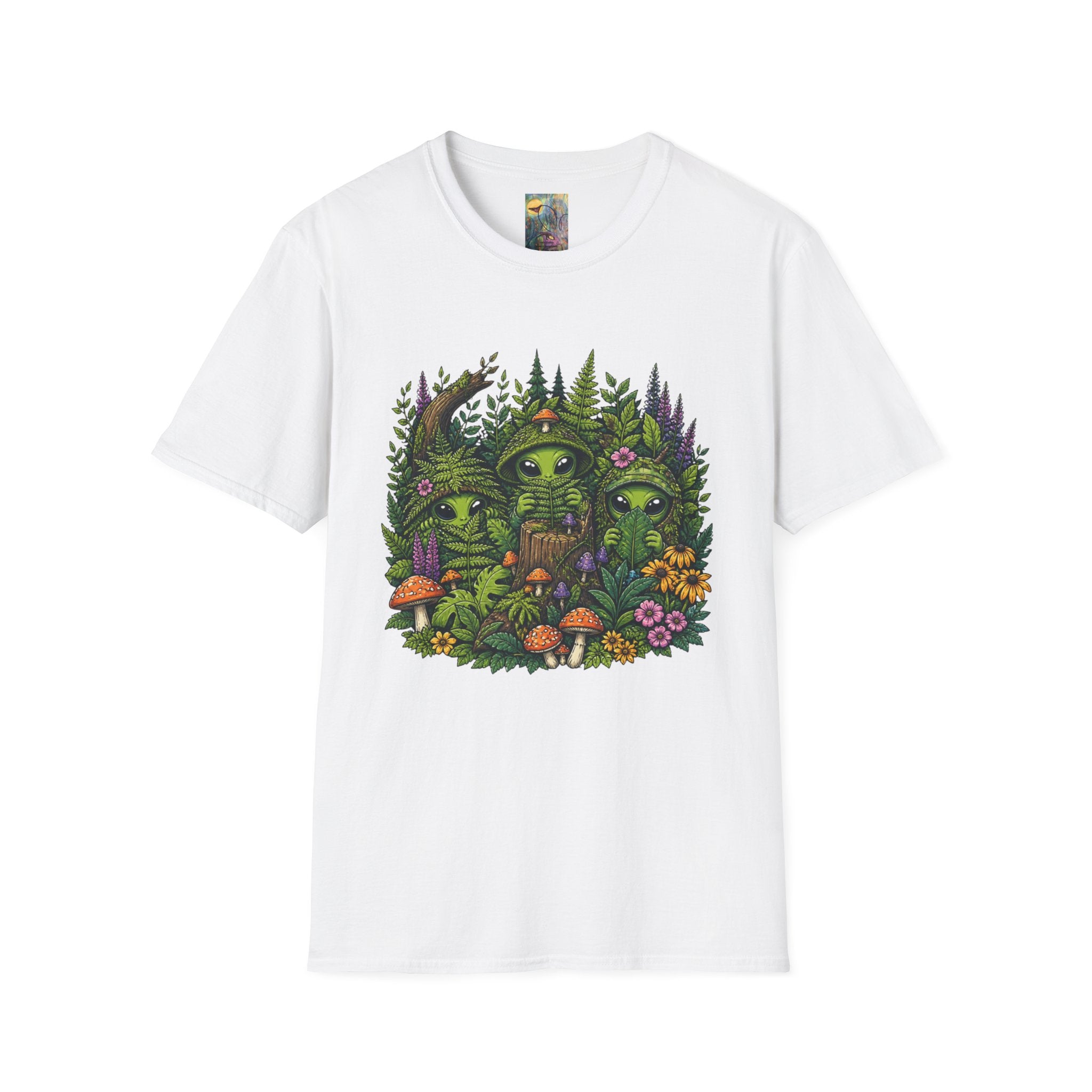 Alien Forest T-Shirt — Cute Green UFO Creatures with Mushrooms & Flowers