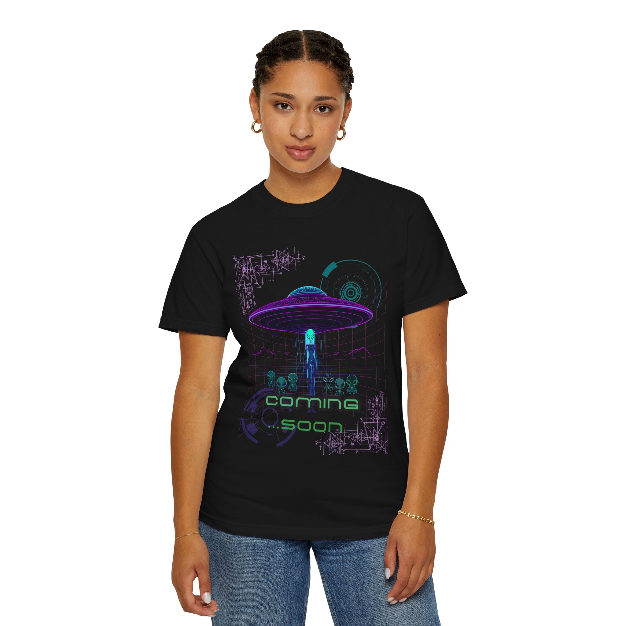 Coming Soon Alien UFO T-Shirt — Retro Neon Alien Abduction Tee