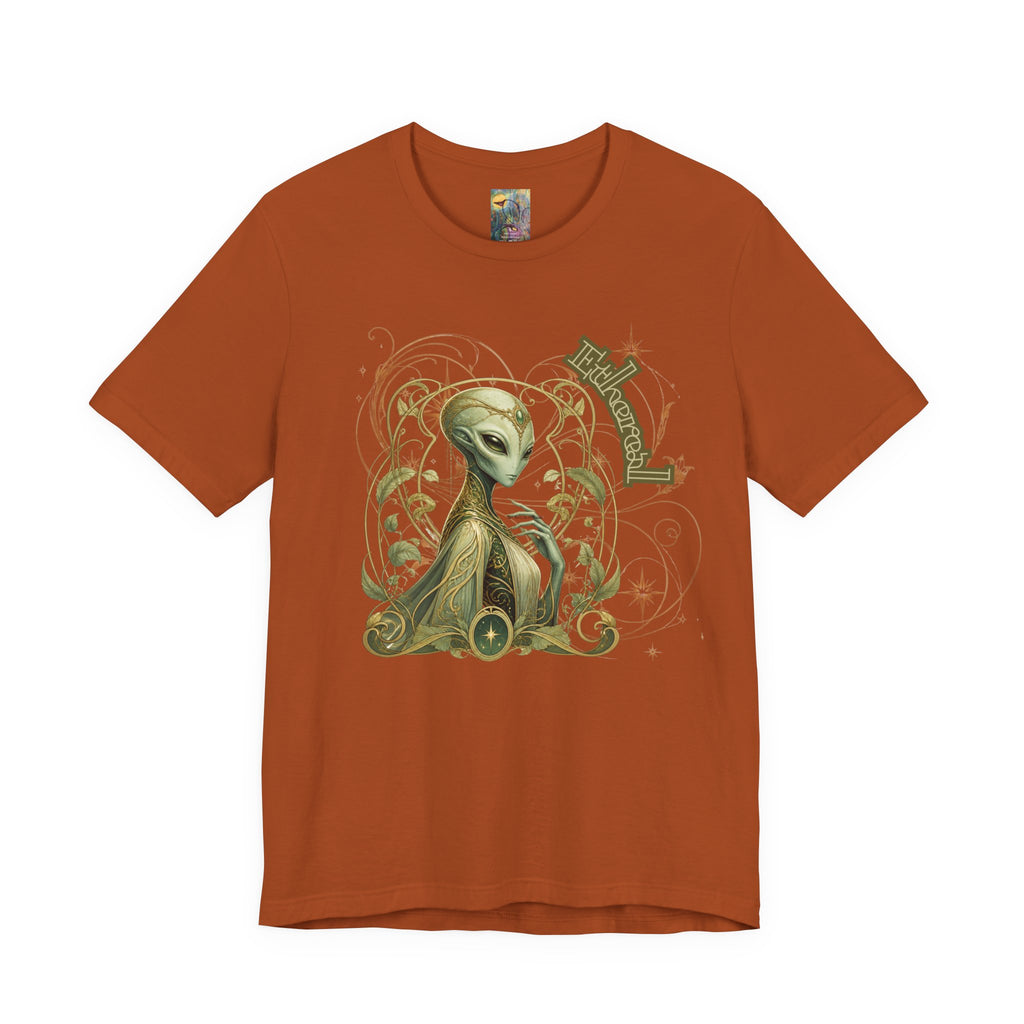 Alien Art Noveau Embrace T-Shirt — Mystical Green Alien Graphic Tee for Sci‑Fi Fans