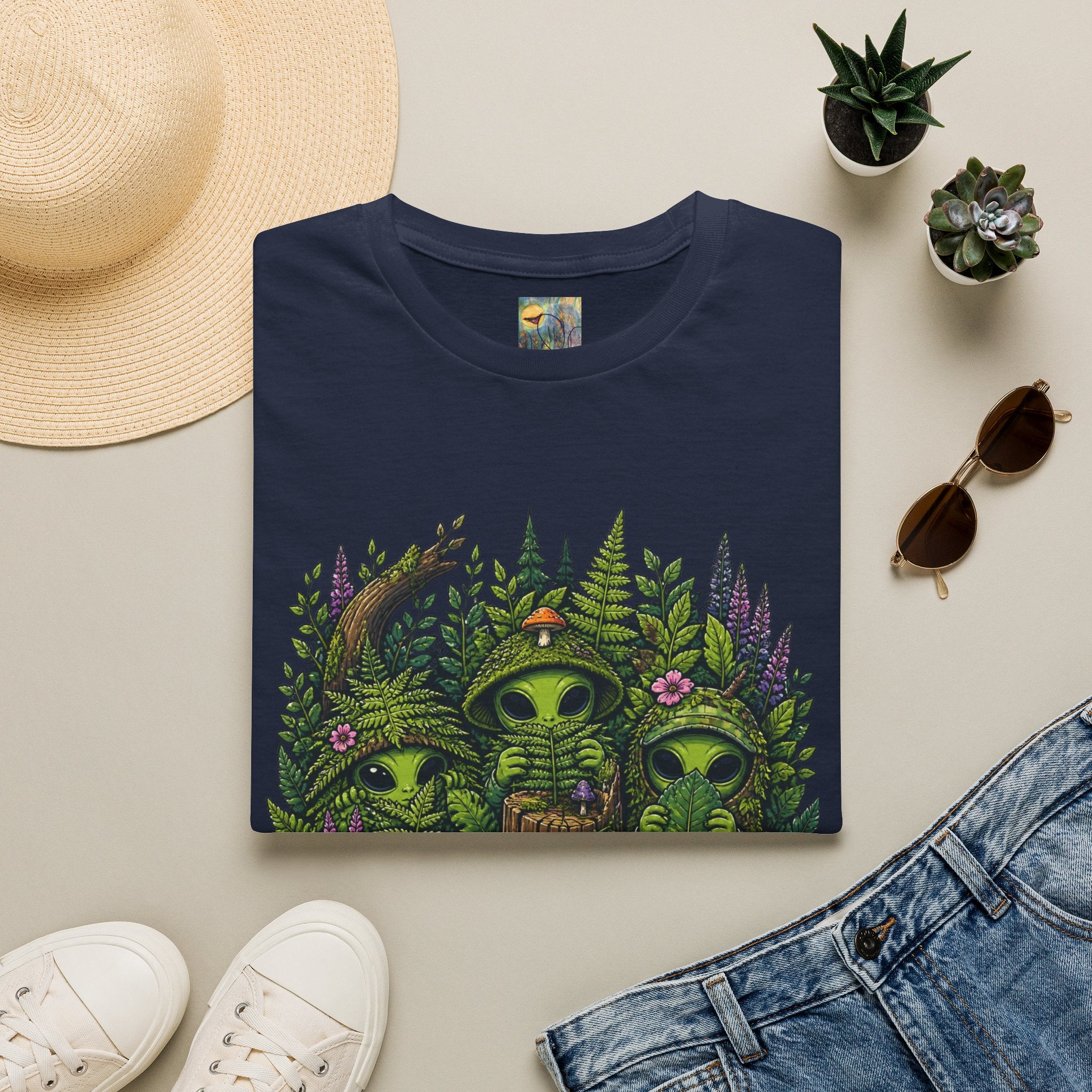 Alien Forest T-Shirt — Cute Green UFO Creatures with Mushrooms & Flowers