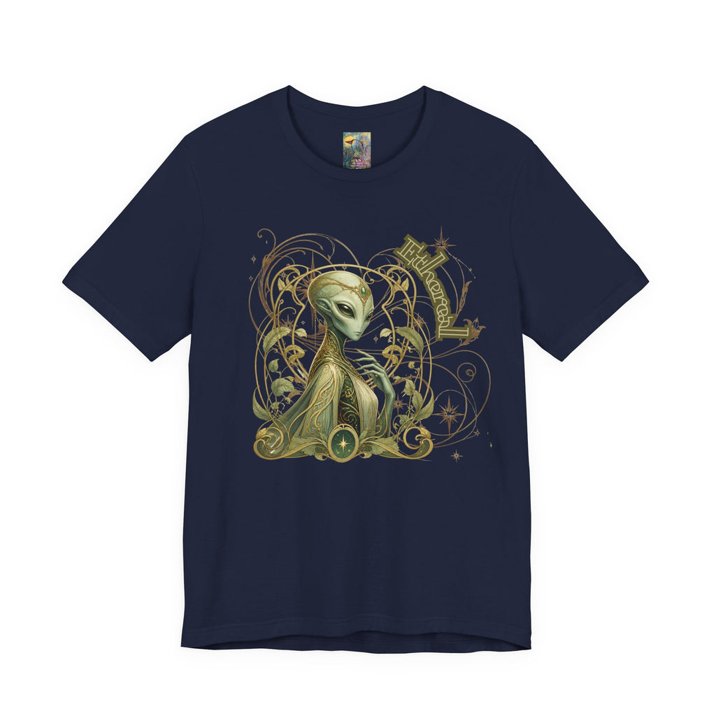 Alien Art Noveau Embrace T-Shirt — Mystical Green Alien Graphic Tee for Sci‑Fi Fans