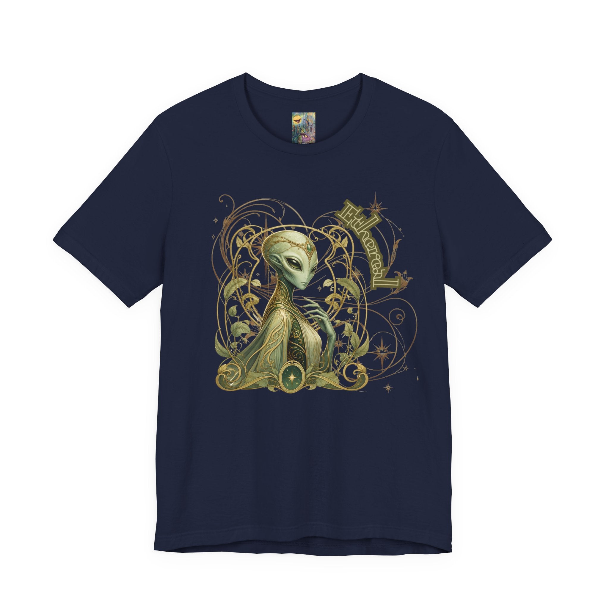 Alien Art Noveau Embrace T-Shirt — Mystical Green Alien Graphic Tee for Sci‑Fi Fans