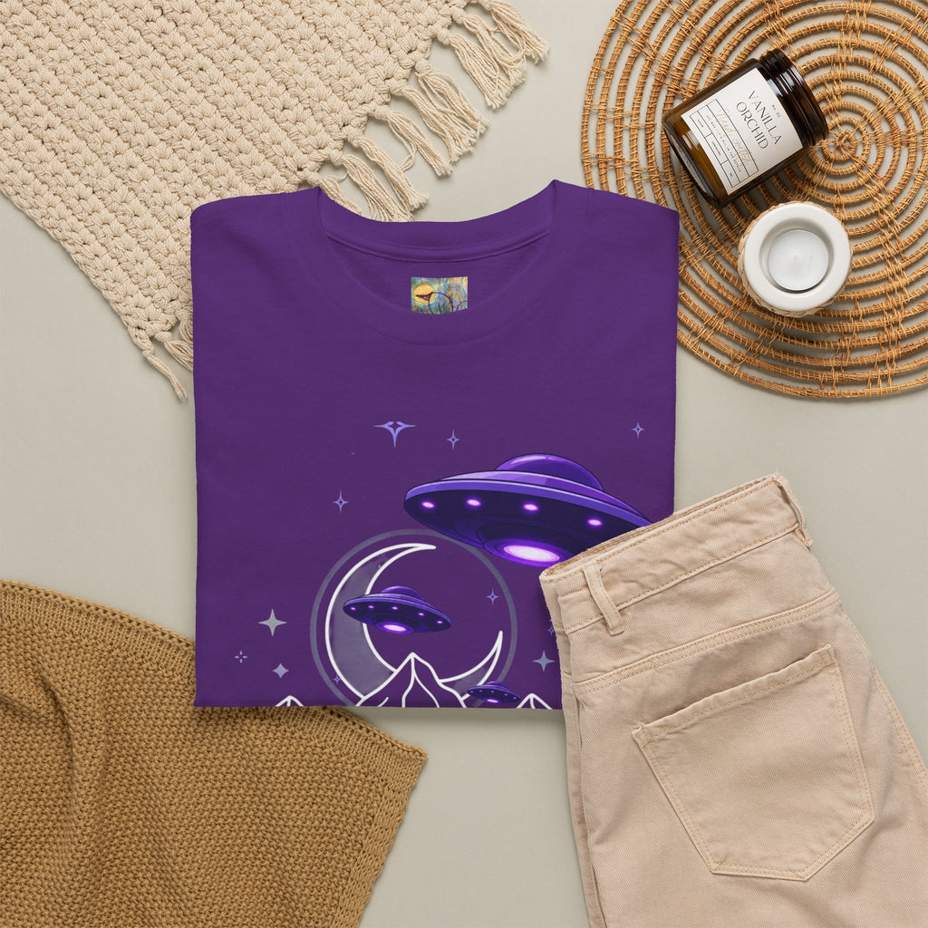 Purple UFO Alien Night Mountain T-Shirt — UFO Crescent Moon Graphic Tee