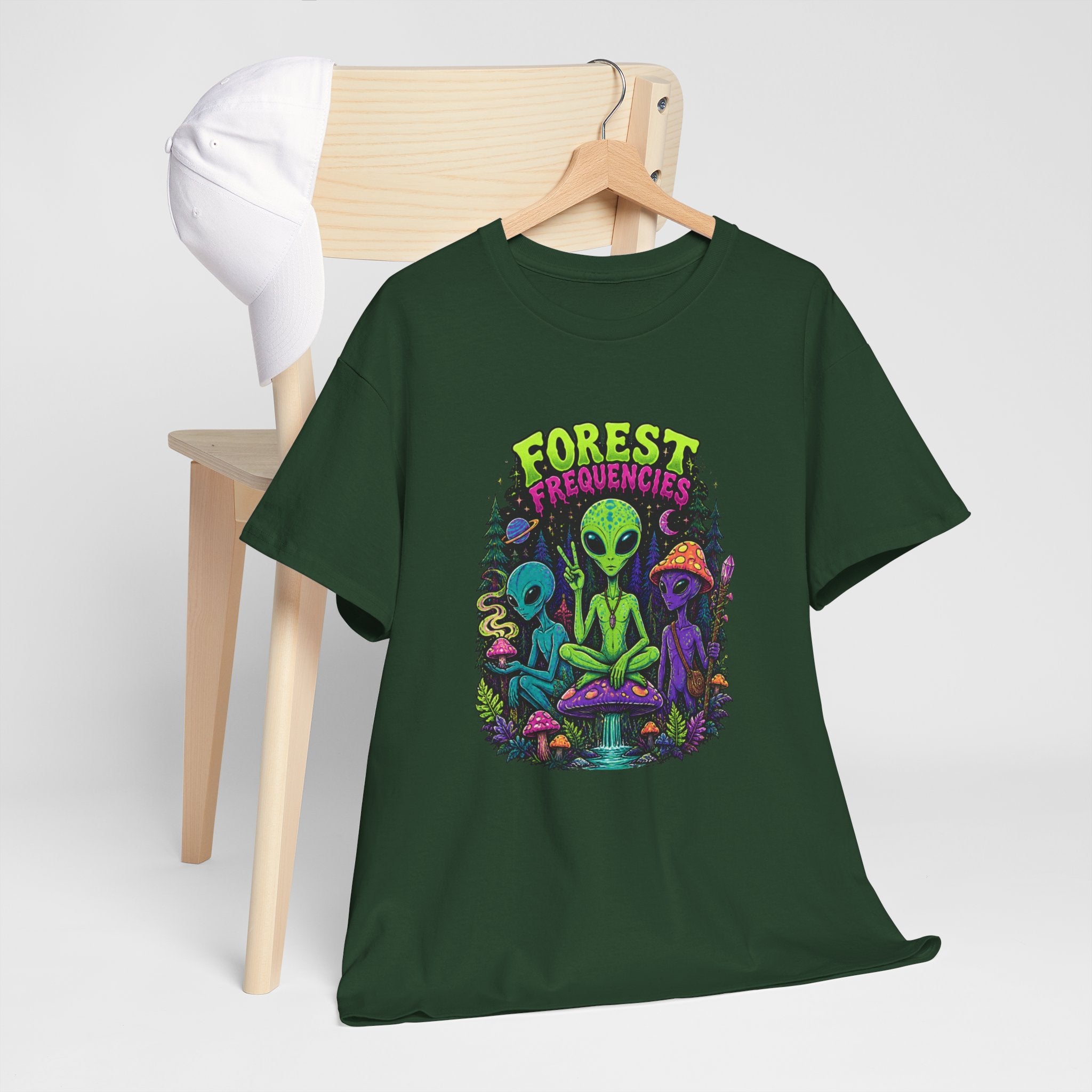 Forest Frequencies Alien T-Shirt — Psychedelic Mushroom Meditation Tee