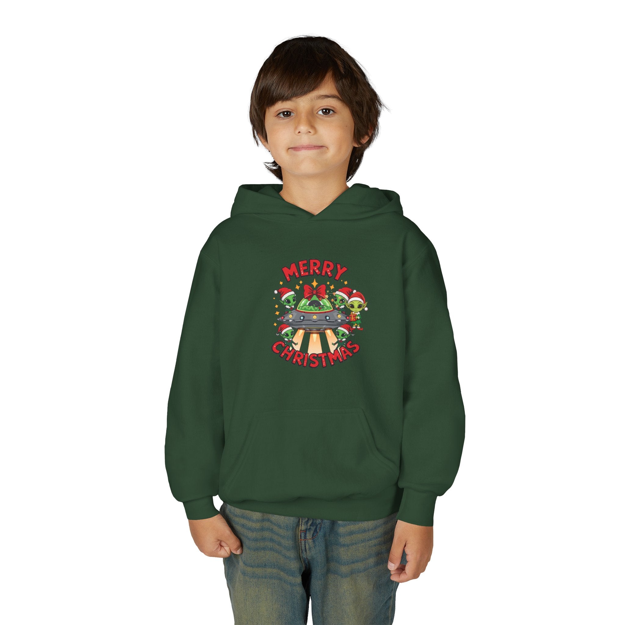 Santa's Alien Elves Youth Hoodie — Merry Christmas Cute Alien UFO Holiday Sweatshirt