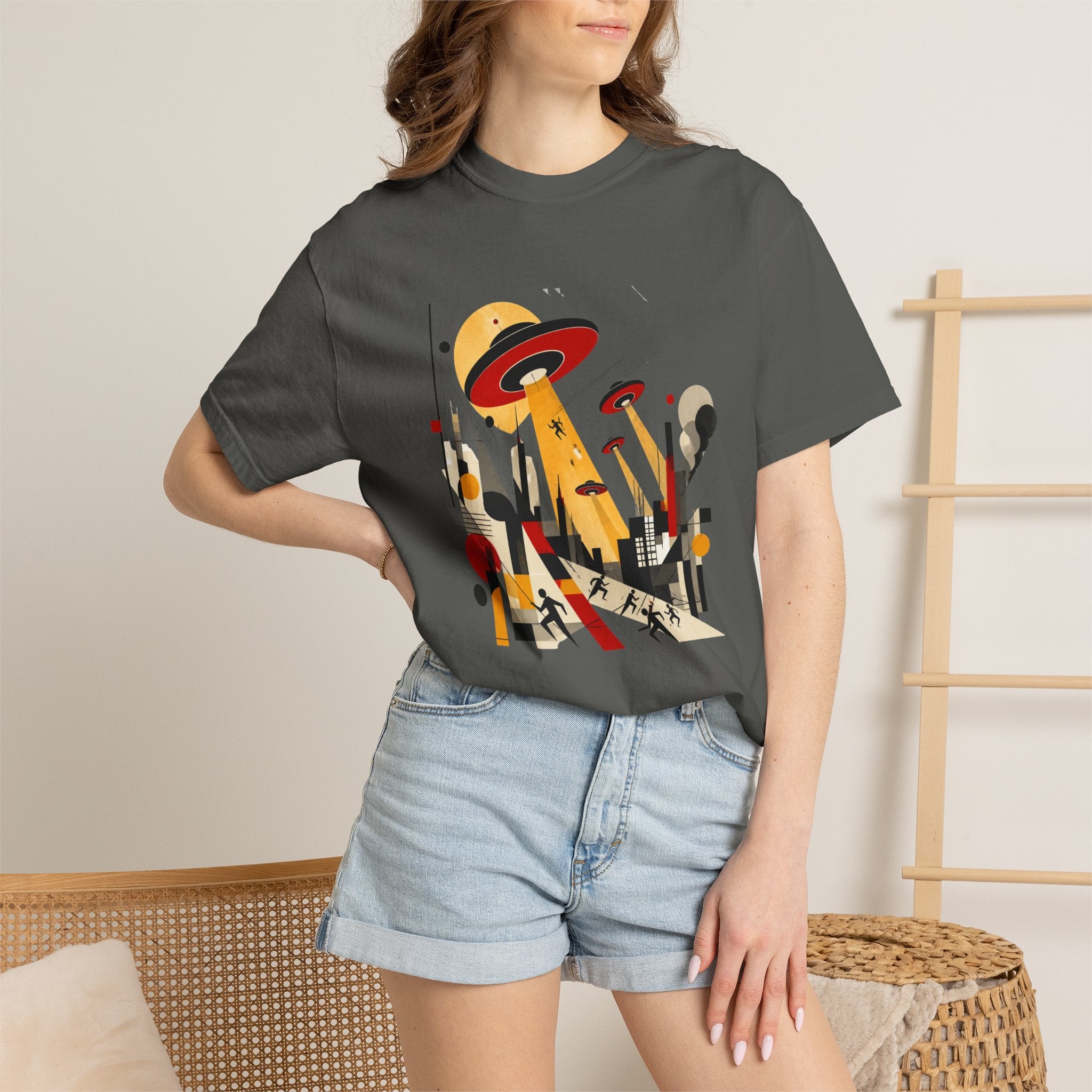Alien Invasion Bauhaus Graphic T-Shirt — Retro Sci‑Fi Cityscape Design