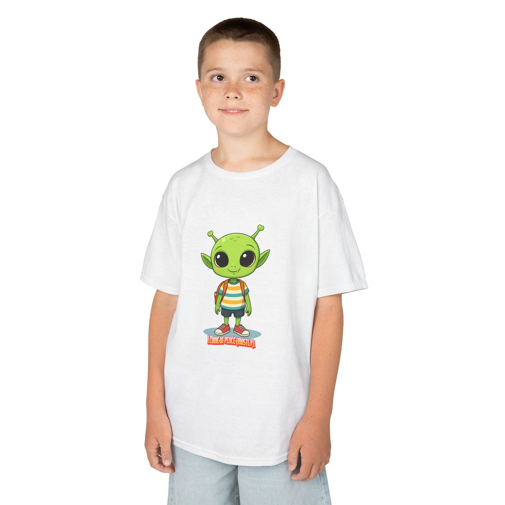 Kids Alien Graphic Tee - Cute Green Alien with Backpack