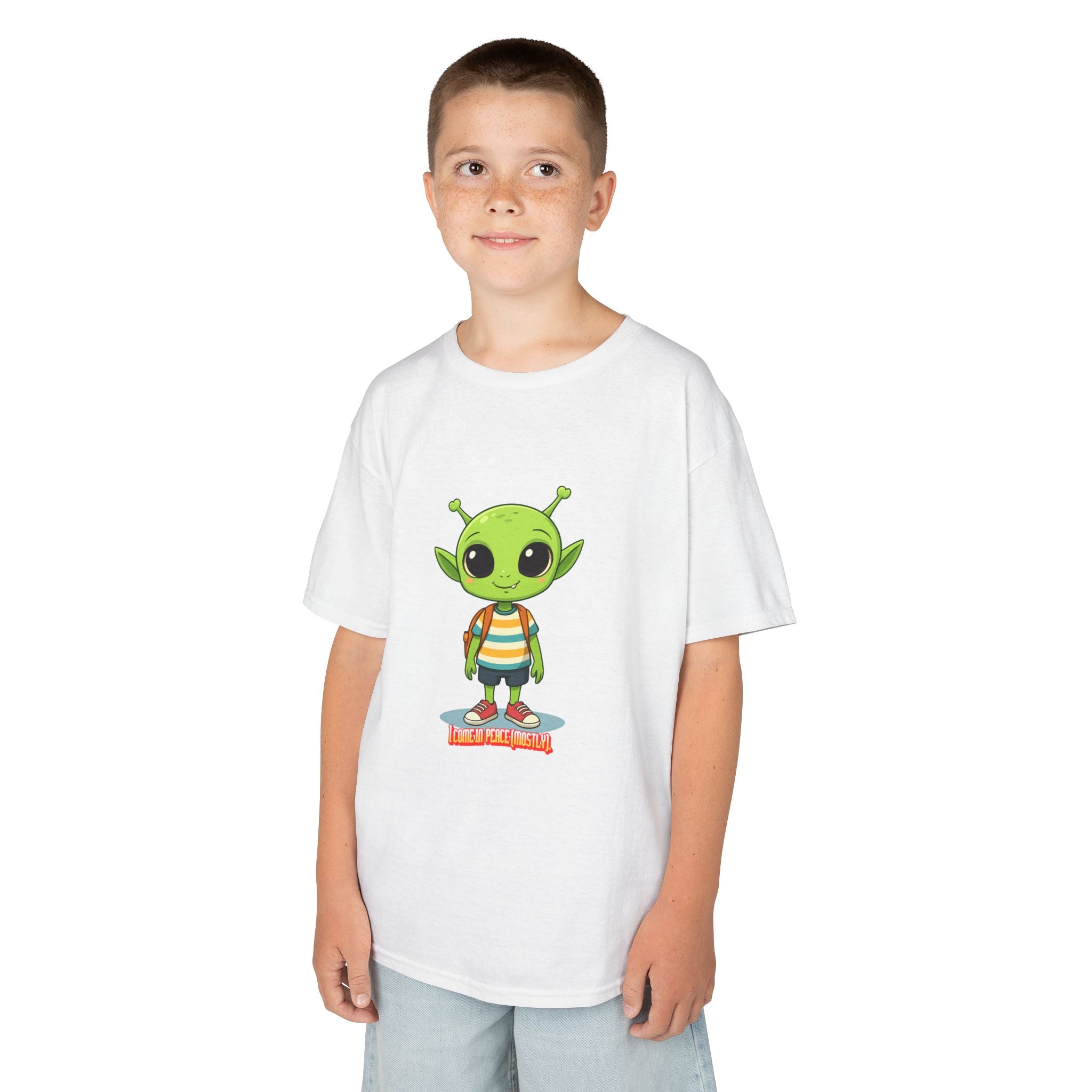 Kids Alien Graphic Tee - Cute Green Alien with Backpack