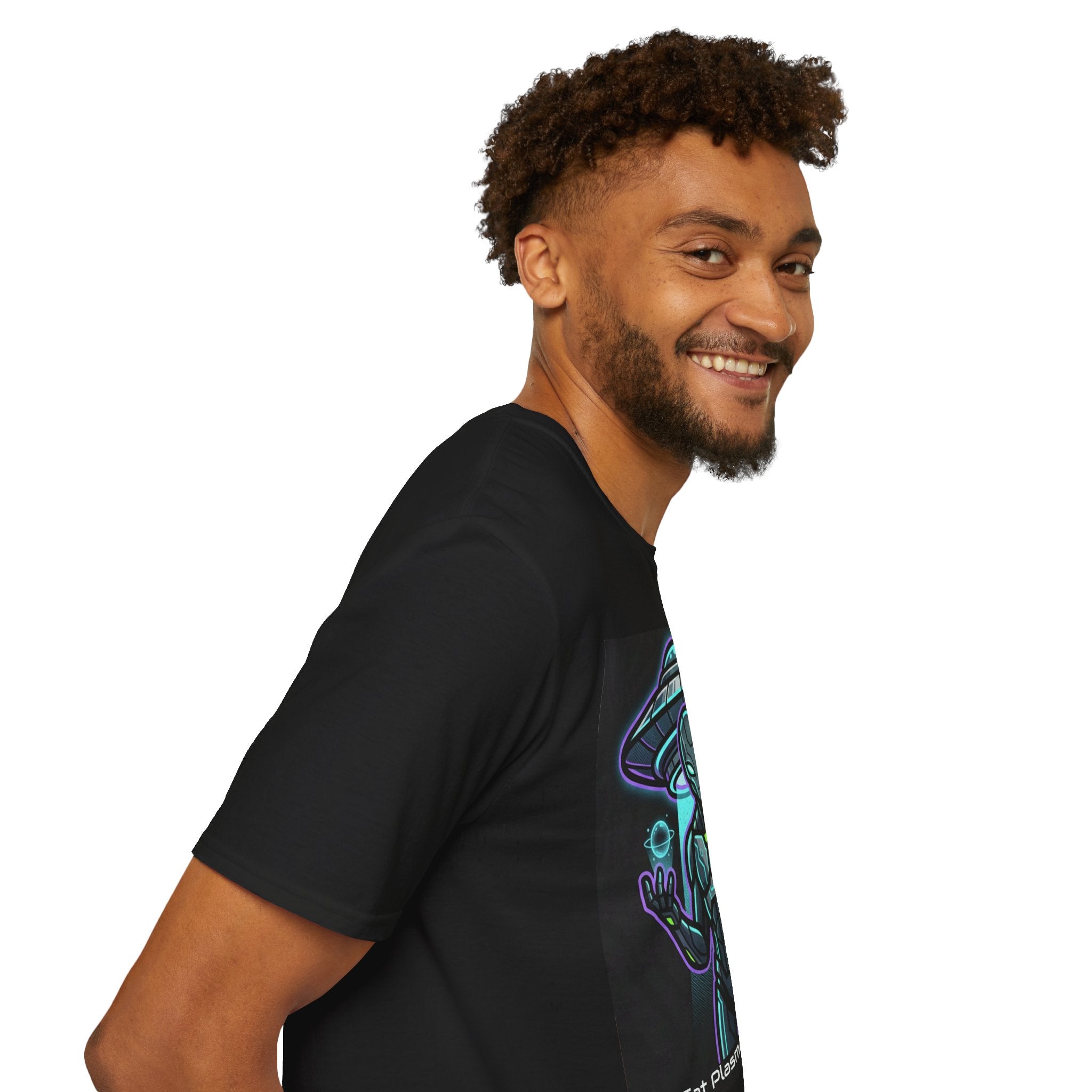 Alien UFO Graphic Tee — Neon Extraterrestrial Design ("Eat Plasma, Dirt Bag")