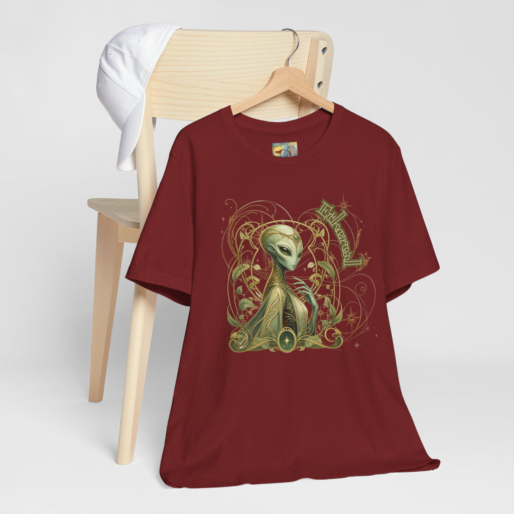 Alien Art Noveau Embrace T-Shirt — Mystical Green Alien Graphic Tee for Sci‑Fi Fans