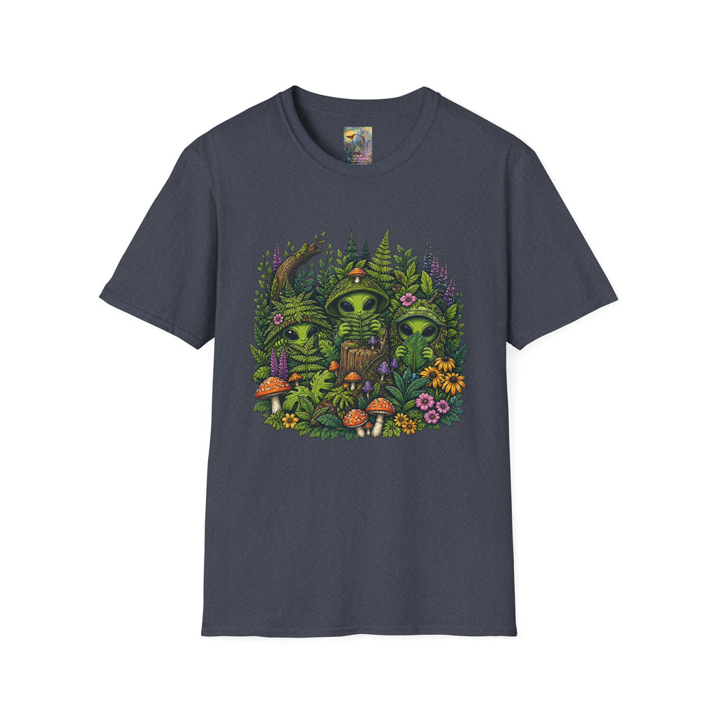Alien Forest T-Shirt — Cute Green UFO Creatures with Mushrooms & Flowers