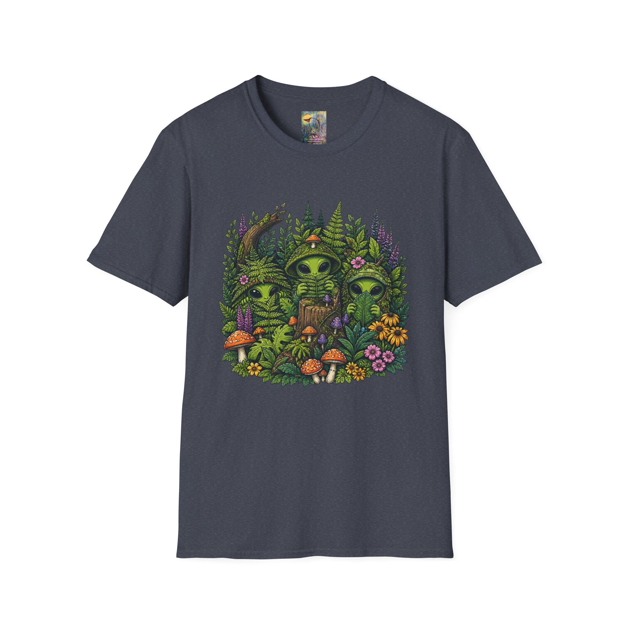 Alien Forest T-Shirt — Cute Green UFO Creatures with Mushrooms & Flowers