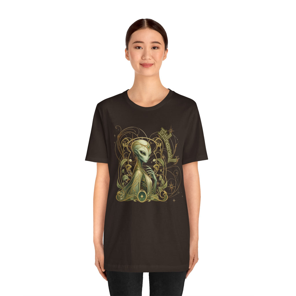 Alien Art Noveau Embrace T-Shirt — Mystical Green Alien Graphic Tee for Sci‑Fi Fans