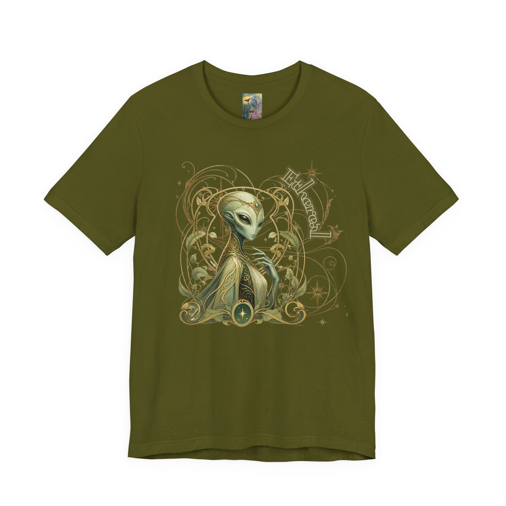 Alien Art Noveau Embrace T-Shirt — Mystical Green Alien Graphic Tee for Sci‑Fi Fans