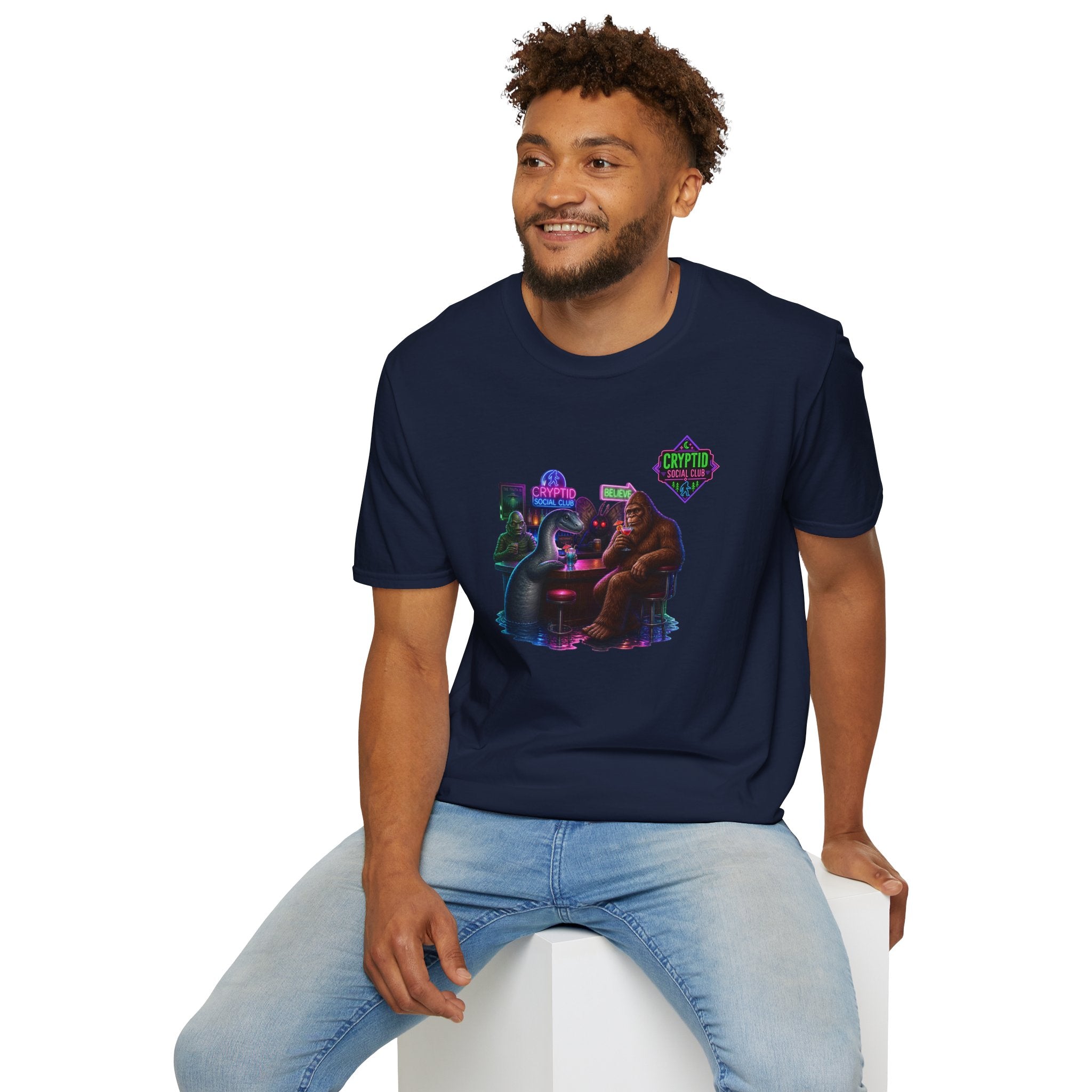 Cryptid Social Club T-Shirt — Neon Bigfoot, Loch Ness & Alien Design