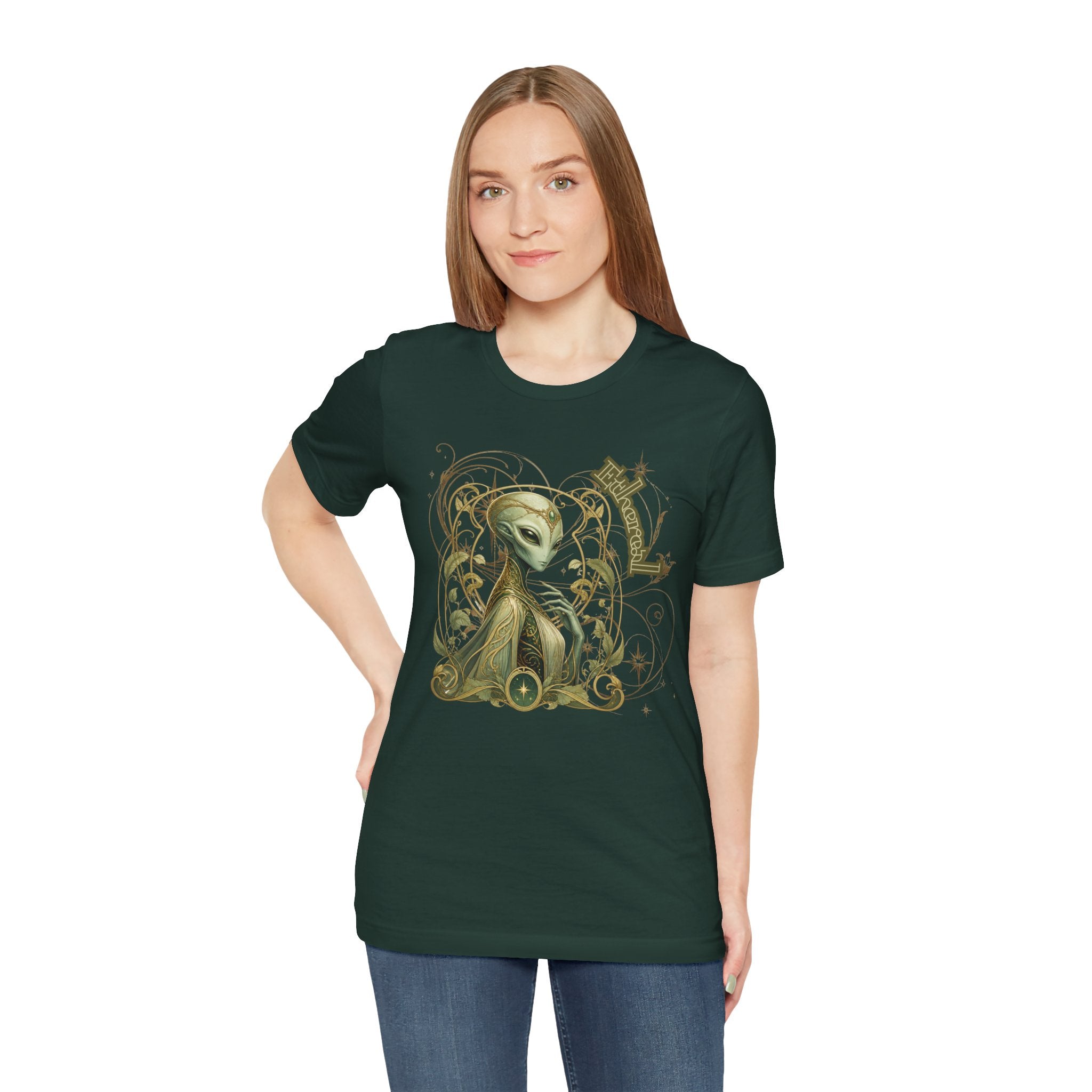 Alien Art Noveau Embrace T-Shirt — Mystical Green Alien Graphic Tee for Sci‑Fi Fans