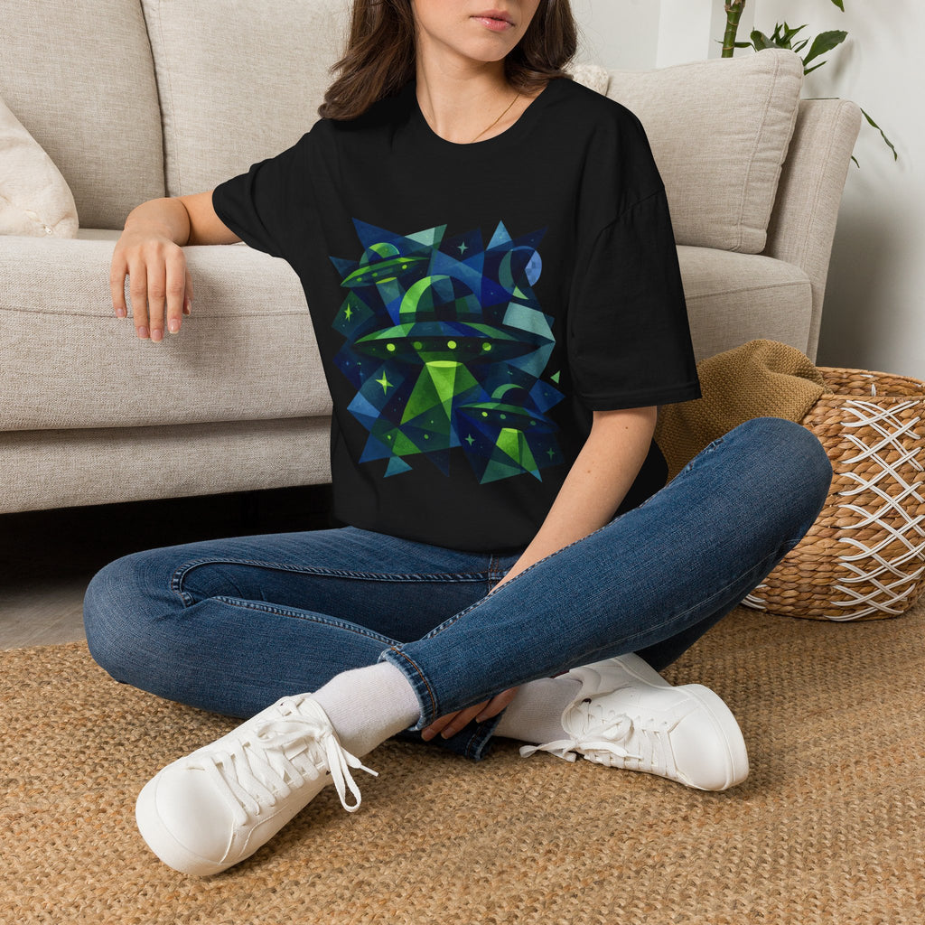 Blue & Green Cubism UFO Galaxy Geometry T‑Shirt — Neon Abstract Space Art