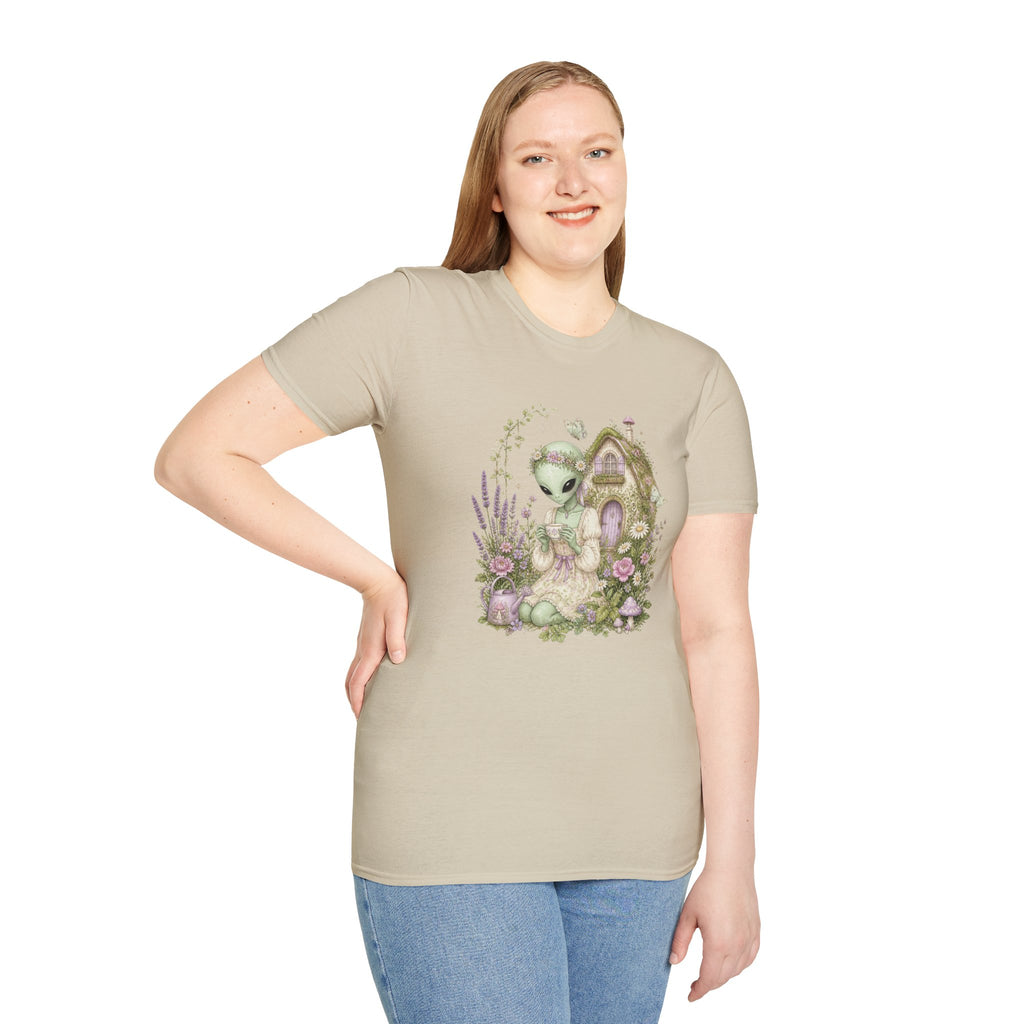 Alien Cottage Tee — Whimsical Floral Alien Garden T-Shirt
