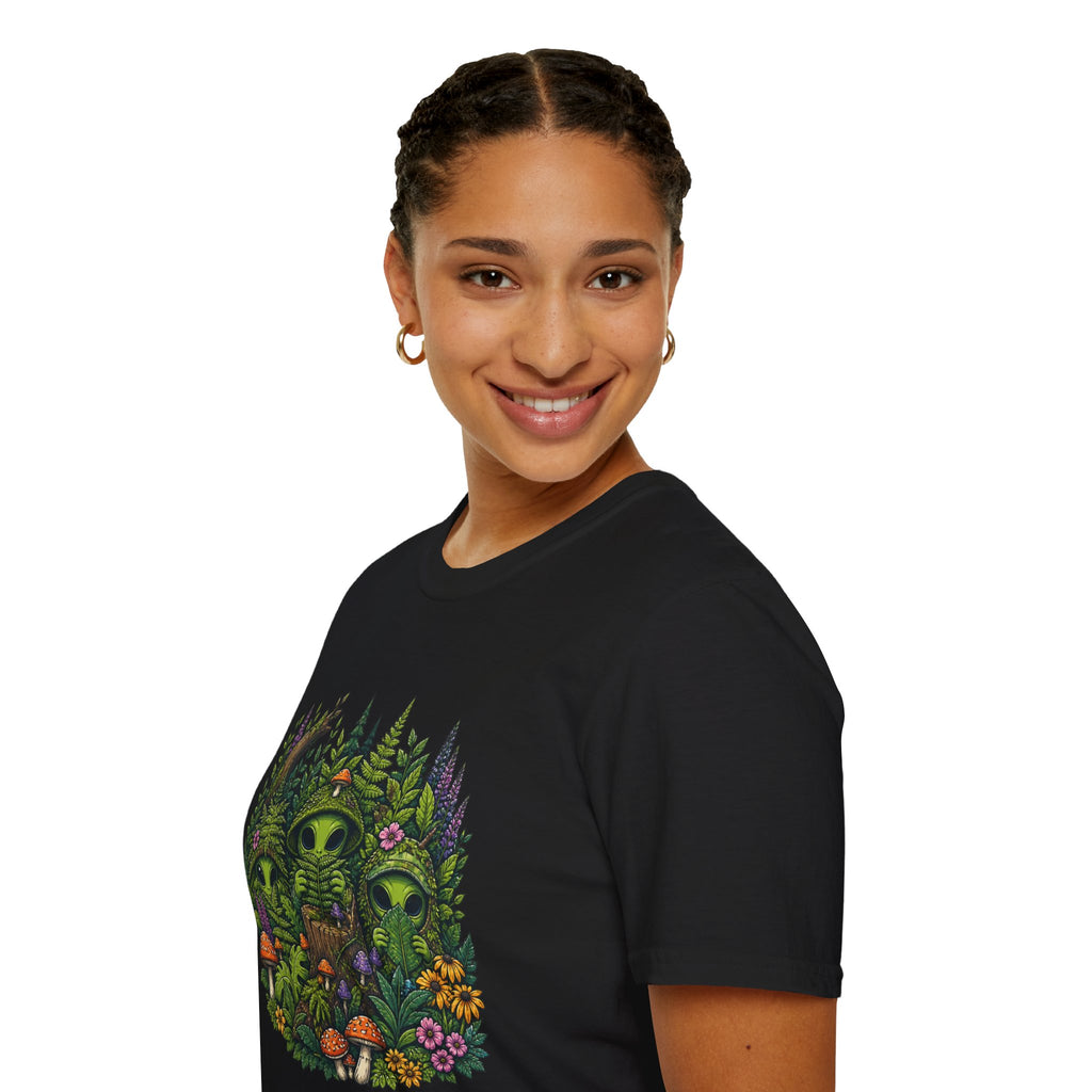 Alien Forest T-Shirt — Cute Green UFO Creatures with Mushrooms & Flowers