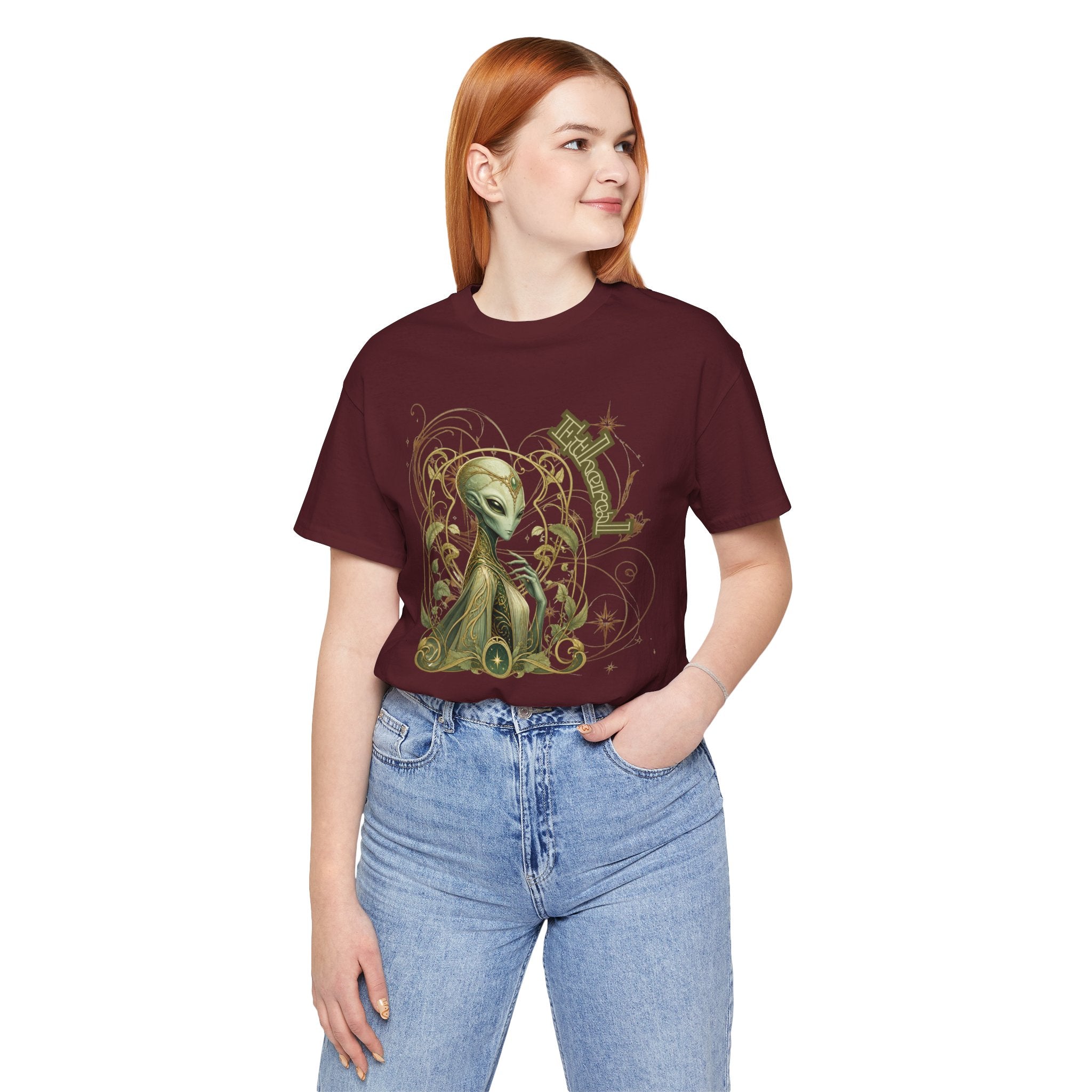 Alien Art Noveau Embrace T-Shirt — Mystical Green Alien Graphic Tee for Sci‑Fi Fans
