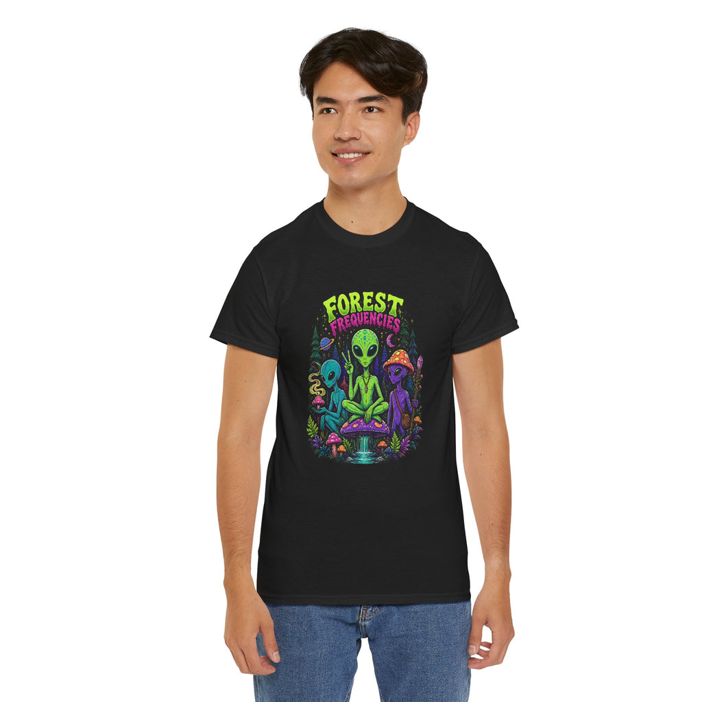 Forest Frequencies Alien T-Shirt — Psychedelic Mushroom Meditation Tee