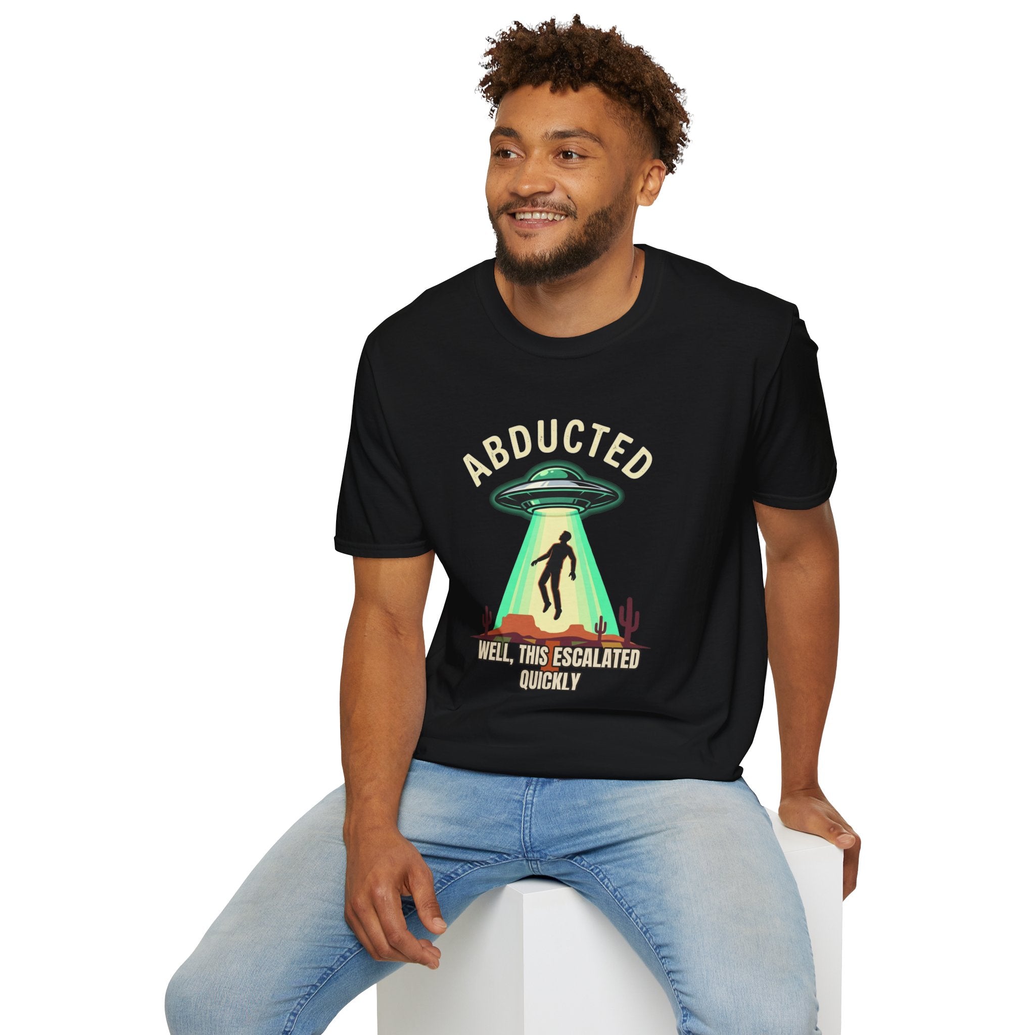 "Well That Escalated Quickly" Abducted UFO Tee — Retro Alien Abduction Graphic T-Shirt