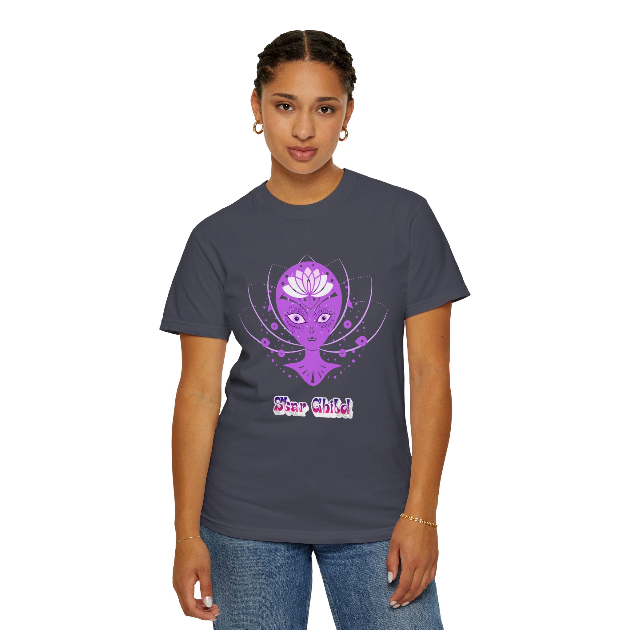 Star Child Alien T-Shirt — Purple Cosmic Alien Graphic Tee