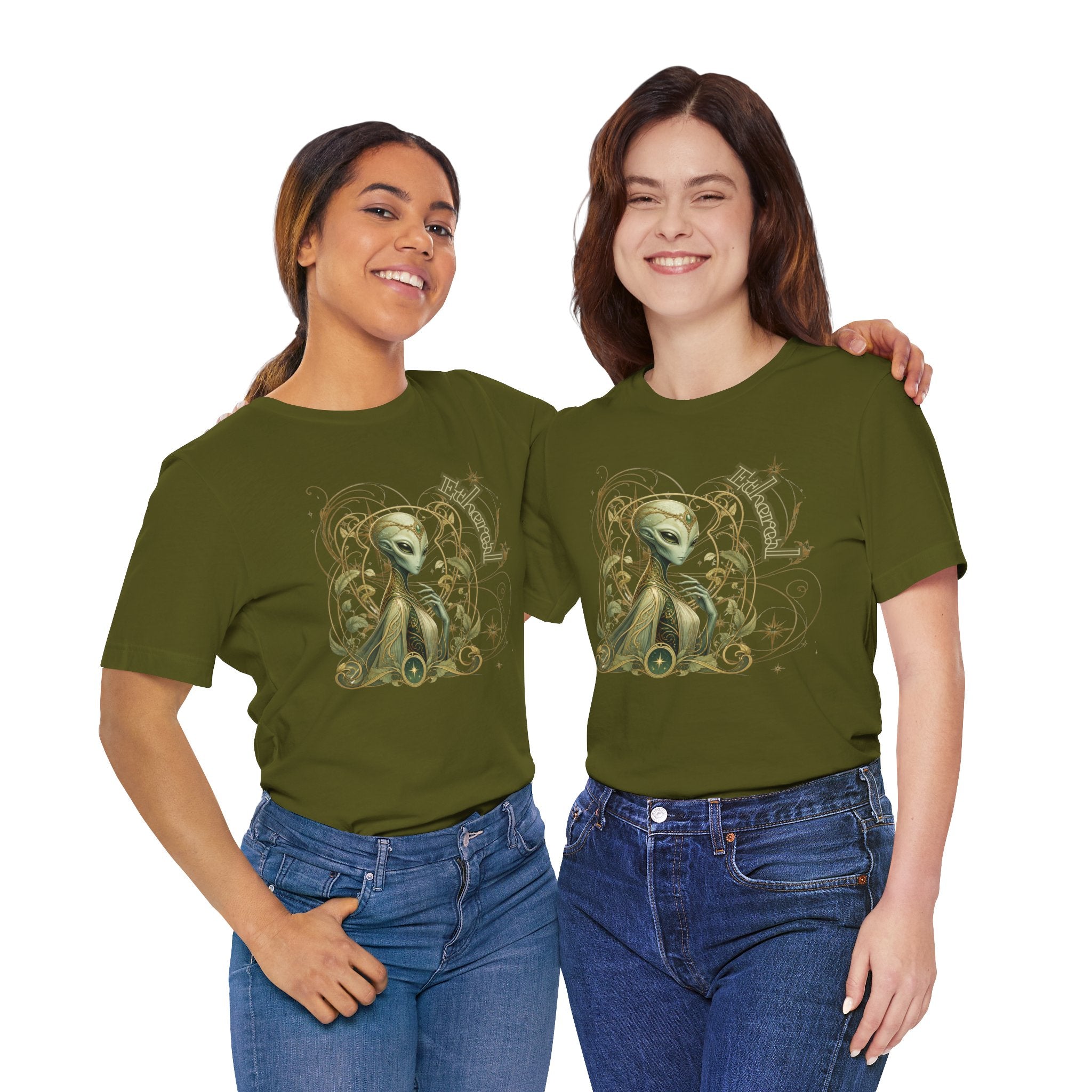 Alien Art Noveau Embrace T-Shirt — Mystical Green Alien Graphic Tee for Sci‑Fi Fans