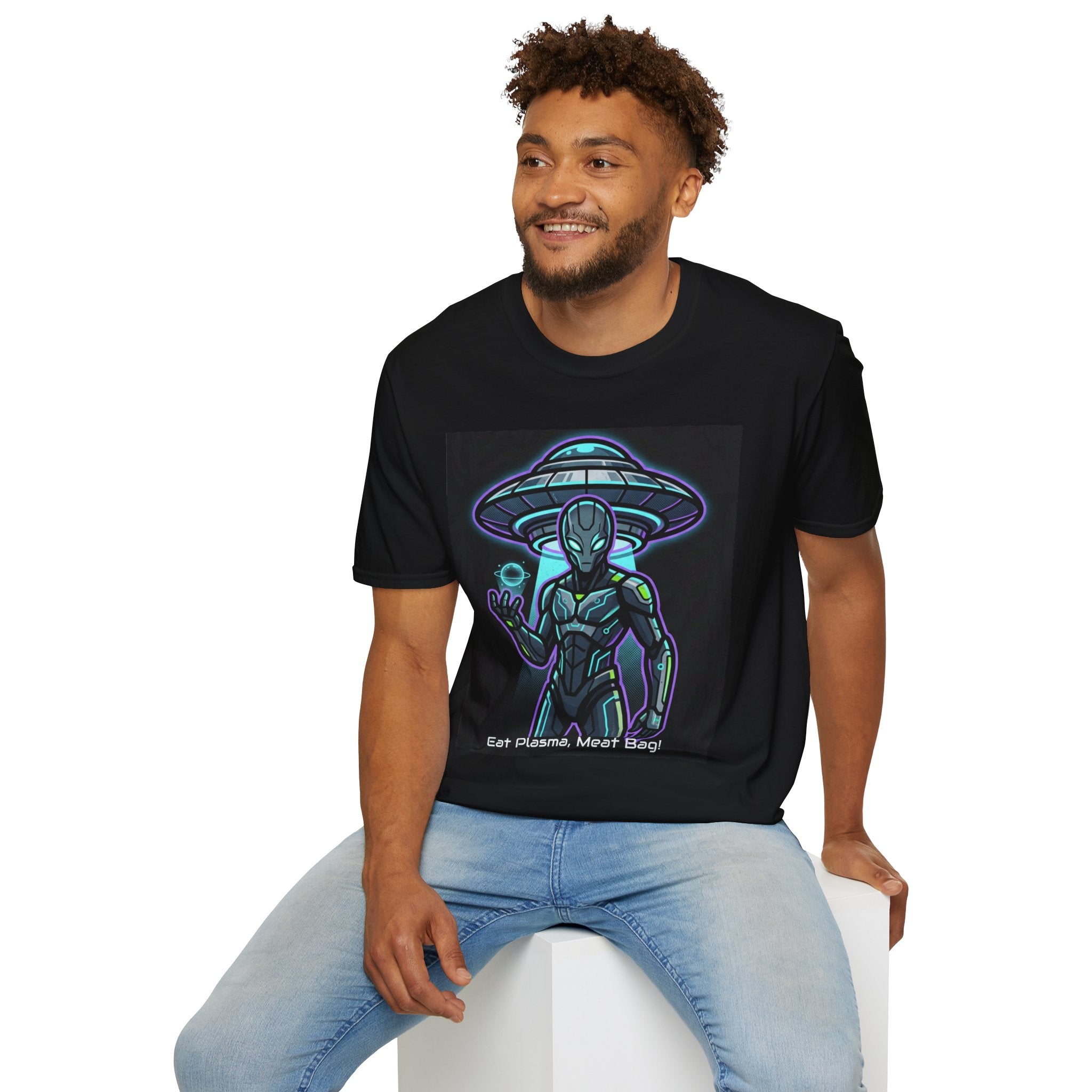 Alien UFO Graphic Tee — Neon Extraterrestrial Design ("Eat Plasma, Dirt Bag")