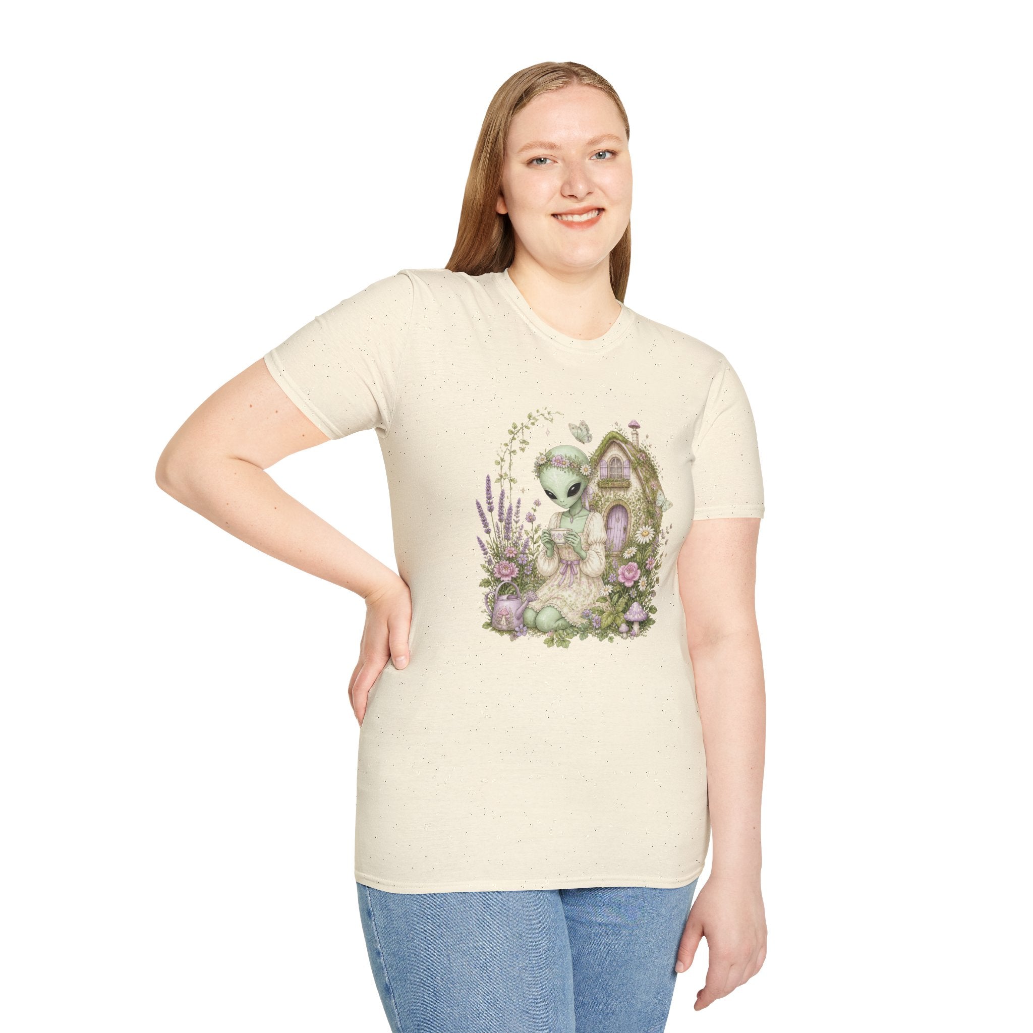 Alien Cottage Tee — Whimsical Floral Alien Garden T-Shirt