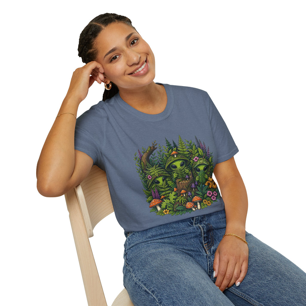 Alien Forest T-Shirt — Cute Green UFO Creatures with Mushrooms & Flowers