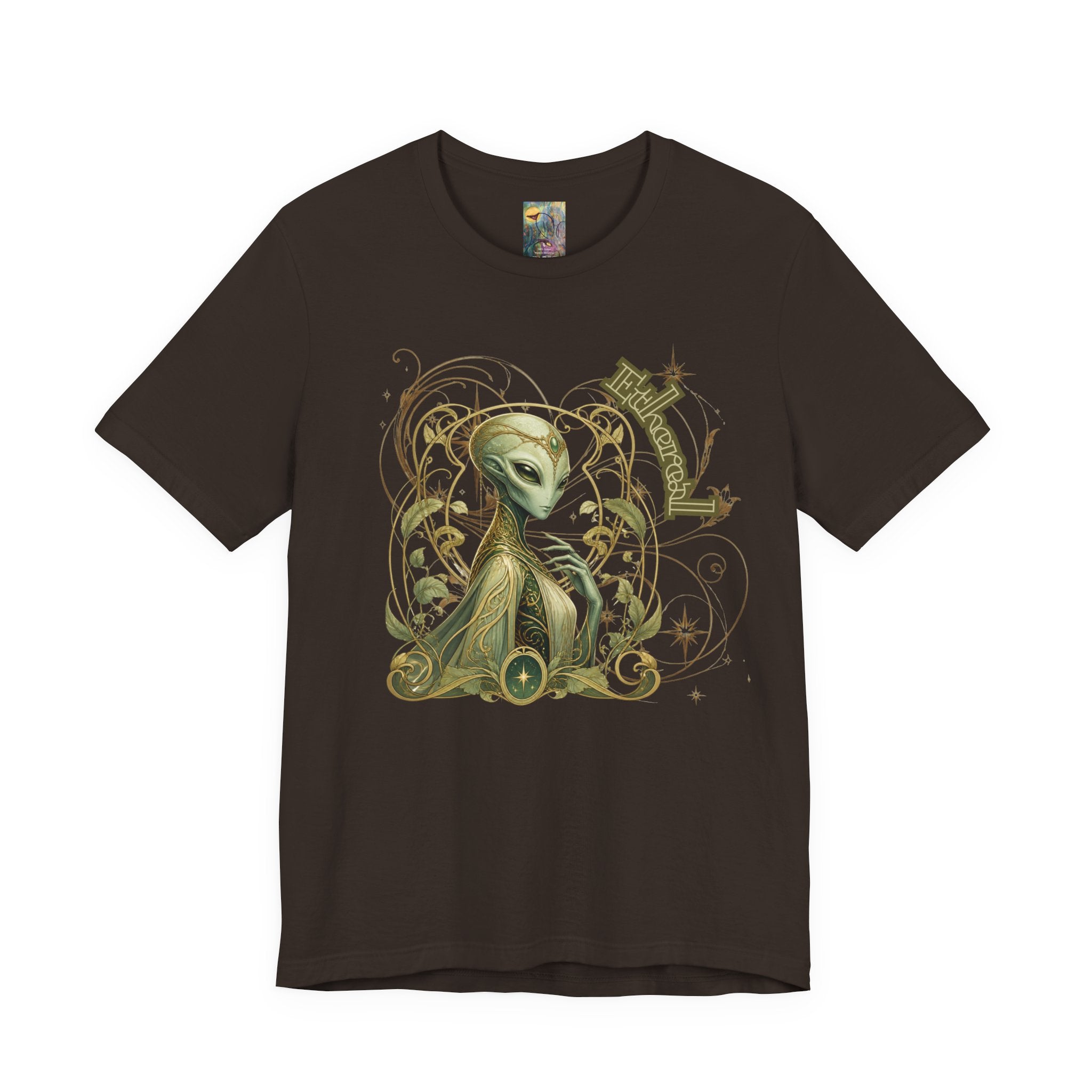 Alien Art Noveau Embrace T-Shirt — Mystical Green Alien Graphic Tee for Sci‑Fi Fans