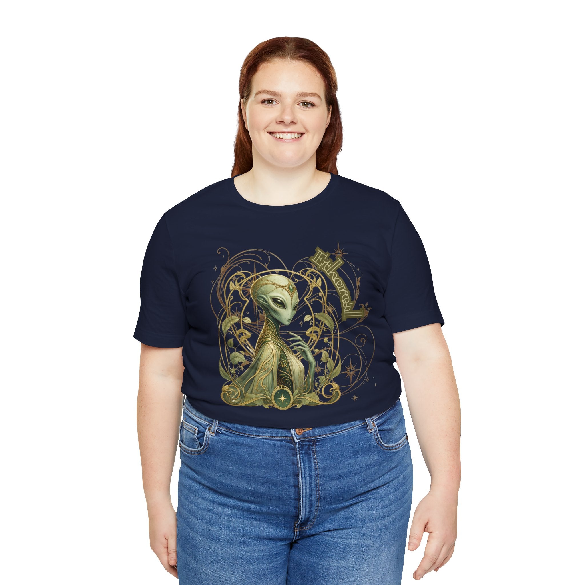 Alien Art Noveau Embrace T-Shirt — Mystical Green Alien Graphic Tee for Sci‑Fi Fans