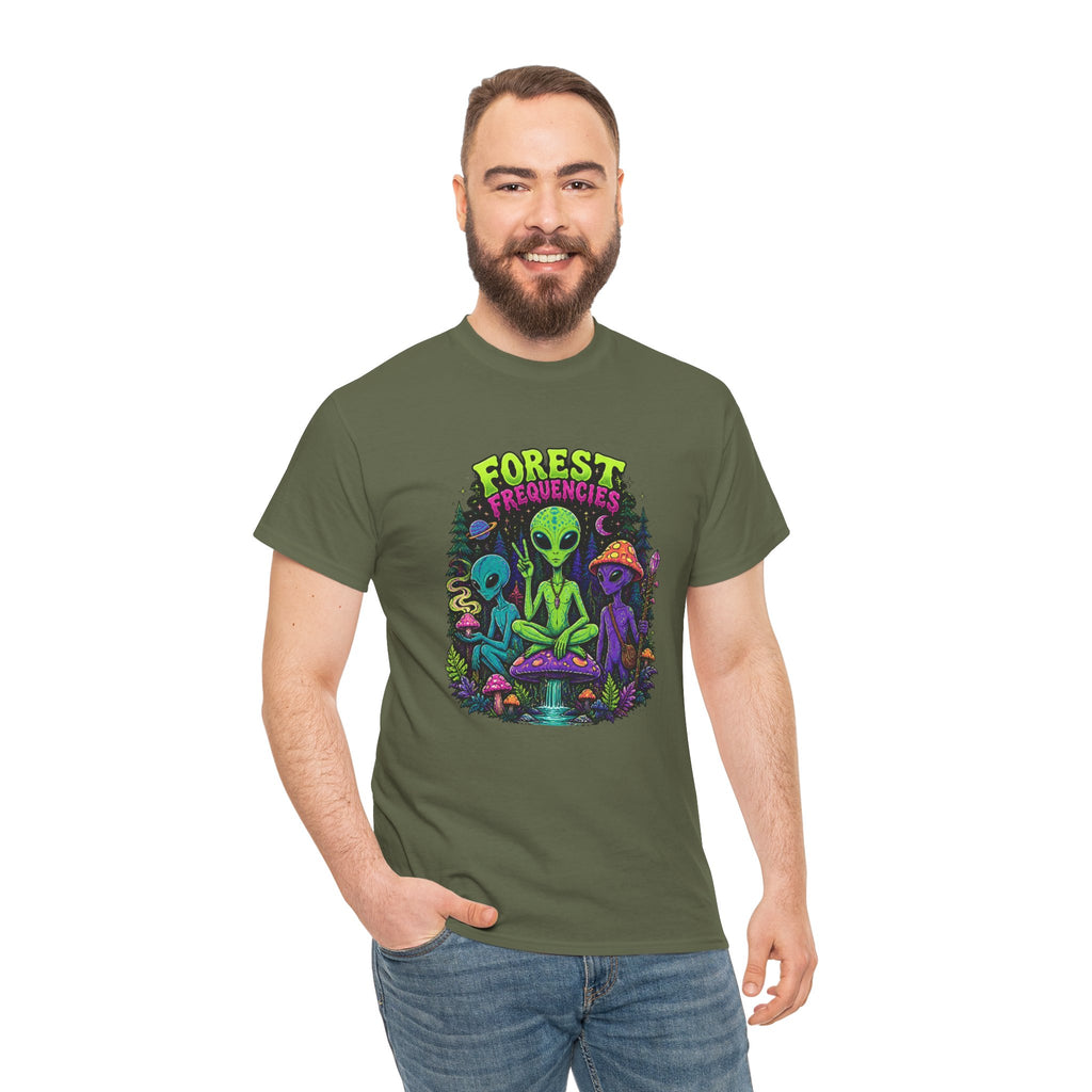 Forest Frequencies Alien T-Shirt — Psychedelic Mushroom Meditation Tee