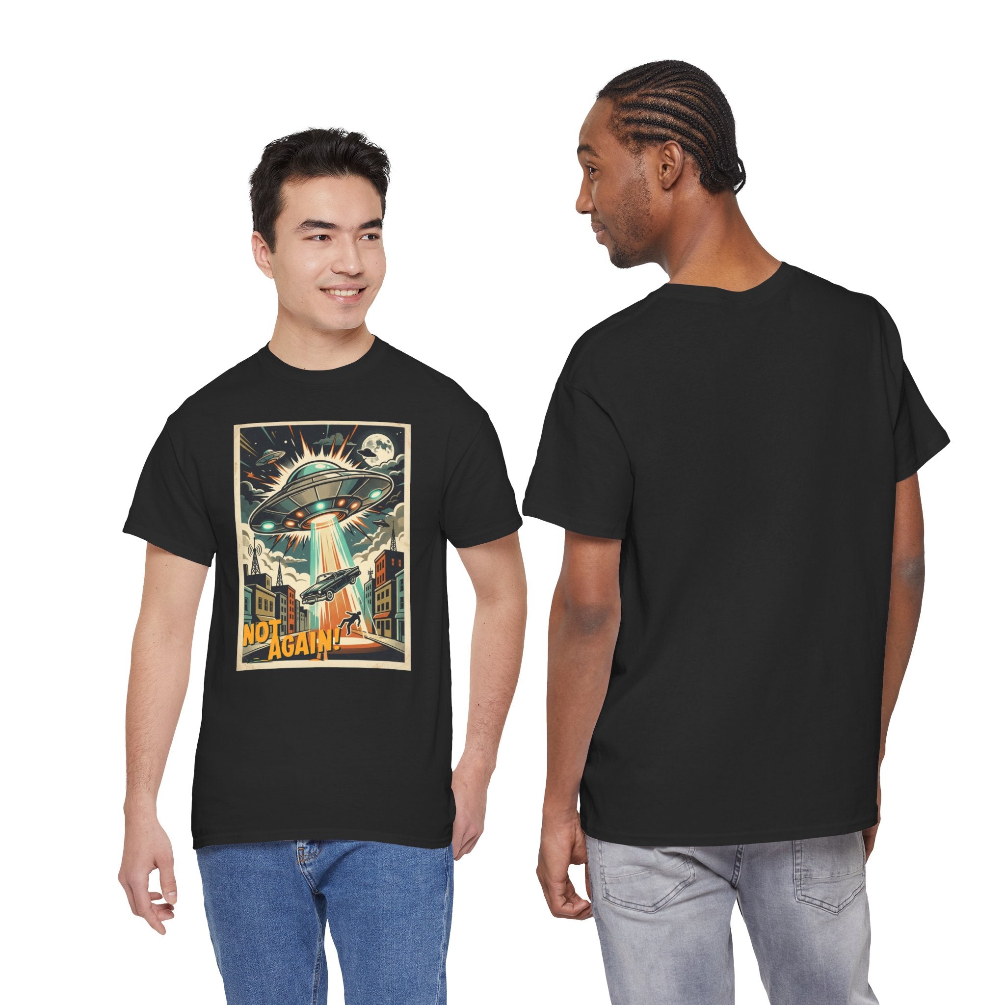 Pop Sci-fi Alien Invasion T-Shirt — Vintage UFO 'Not Again!' Graphic Tee