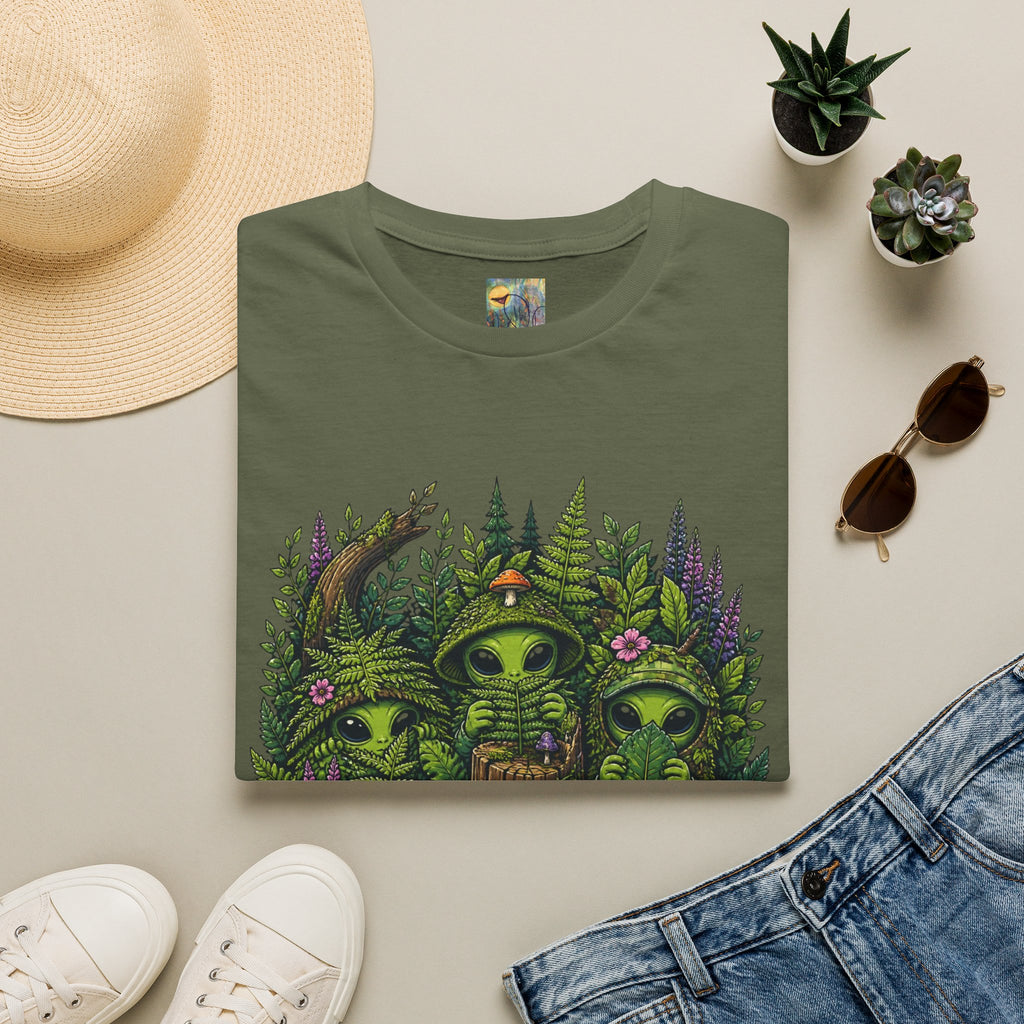 Alien Forest T-Shirt — Cute Green UFO Creatures with Mushrooms & Flowers