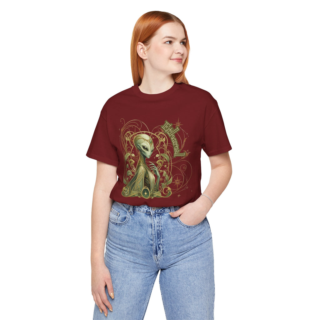 Alien Art Noveau Embrace T-Shirt — Mystical Green Alien Graphic Tee for Sci‑Fi Fans