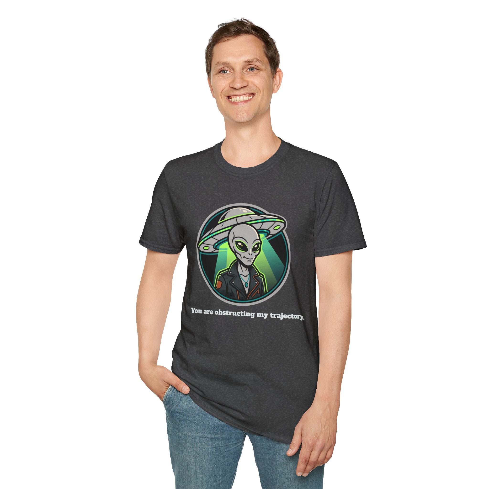 Alien UFO Graphic T-Shirt "You are blocking my trajectory" — Retro Green Extraterrestrial Design