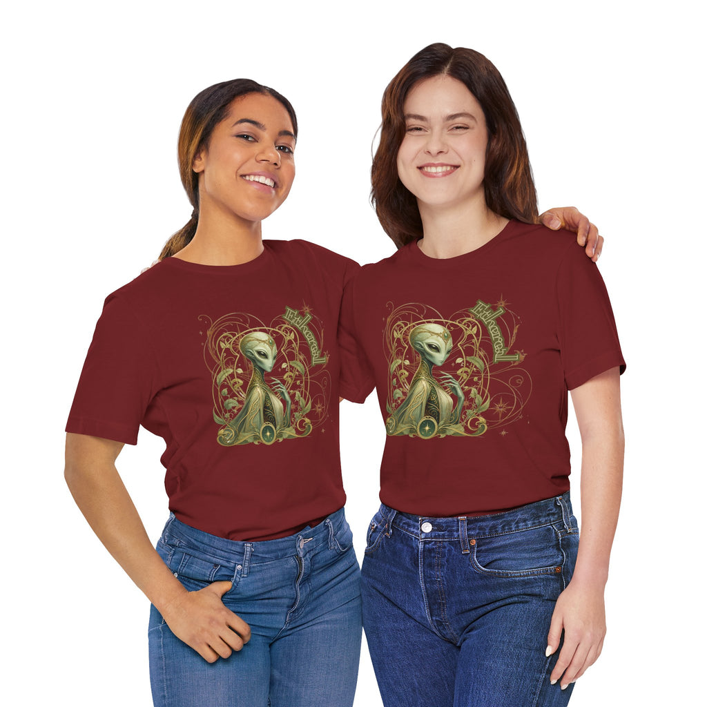 Alien Art Noveau Embrace T-Shirt — Mystical Green Alien Graphic Tee for Sci‑Fi Fans