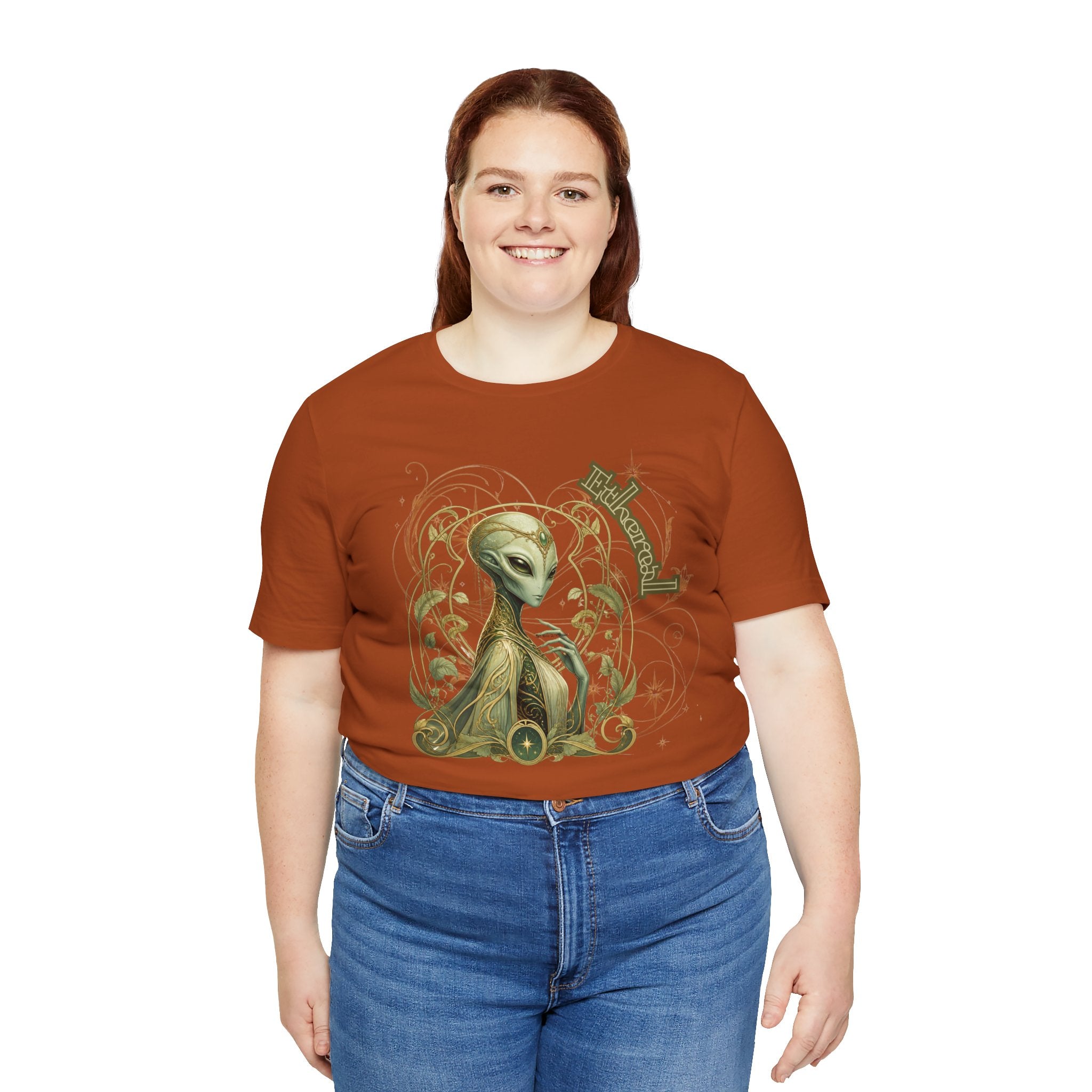 Alien Art Noveau Embrace T-Shirt — Mystical Green Alien Graphic Tee for Sci‑Fi Fans